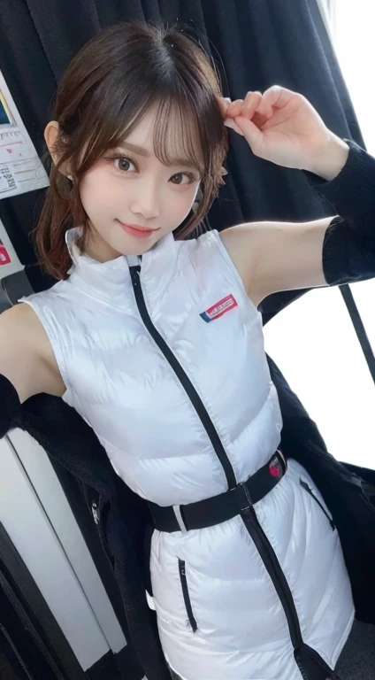 An innocent 20-year-old girl、((White tank top, Dramatic Pose)),smile,BREAK (Spacecraft control room background):2,、BREAK RAW Photos, (8k、highest quality、masterpiece:1.2)、(Intricate details:1.4)、(Photorealistic:1.4)、Octane Rendering、Complex 3D rendering with ultra-detail, Studio Soft Light, Rim Light, Vivid details, Super Detail, Realistic skin texture, Detailed aspect, Beautiful details in the eyes, Highly detailed CG Unity 16k wallpaper, compensate, (Detailed Background:1.2), Glowing Skin, whole body、(astrovest):2,(black long sleeves):5,headphone,smartwatch,((Standing with hands behind back、Leaning forward、Angle from above))