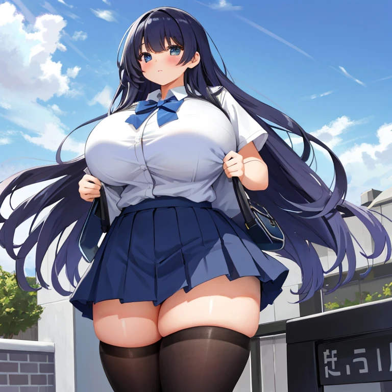 A Cute, Excessively Thick, and Excessively Huge Breasted Young Girl, with Overwhelmingly Huge Oversized Breasts, and Ridiculously Huge Thighs, Biggest Breasts, and the Thickest of all Thighs. She somehow managed to get in her High-School Uniform, but it’ definitely Too Tight. She is only () and her ((Breasts are Quadruple the Normal Size)) and getting Larger by the day,