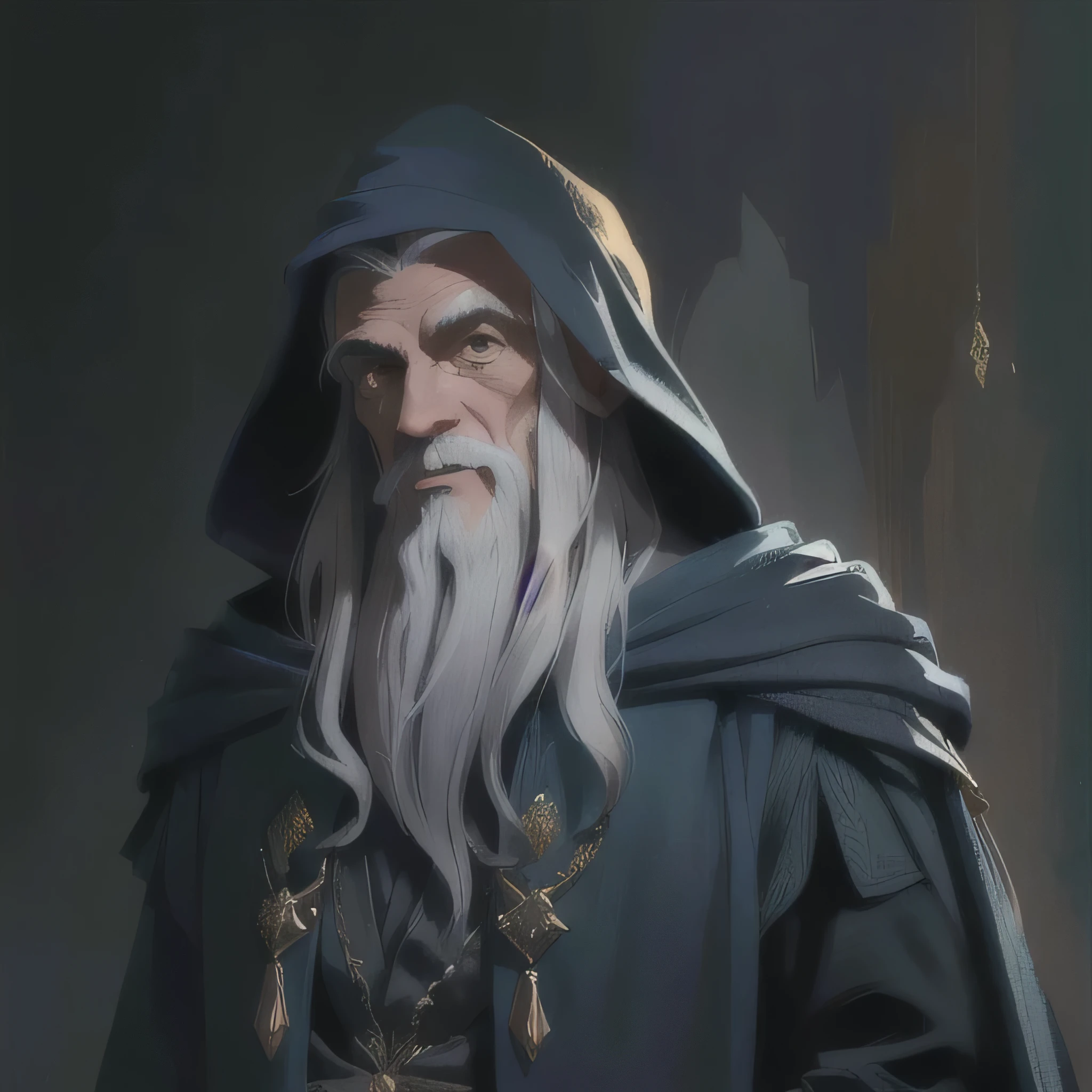 homem sorrindo arafiado com uma longa barba branca e uma jaqueta com capuz, retrato de um mago, retrato aproximado de um mago, retrato de um mago, wizard hat cinematic lighting, retrato de Merlin, retrato de um jovem elfo bruxo, retrato de personagem de fantasia, retrato de Gandalf, mago masculino, velho manto de mago, retrato de arte conceitual de fantasia, velho arquimago masculino