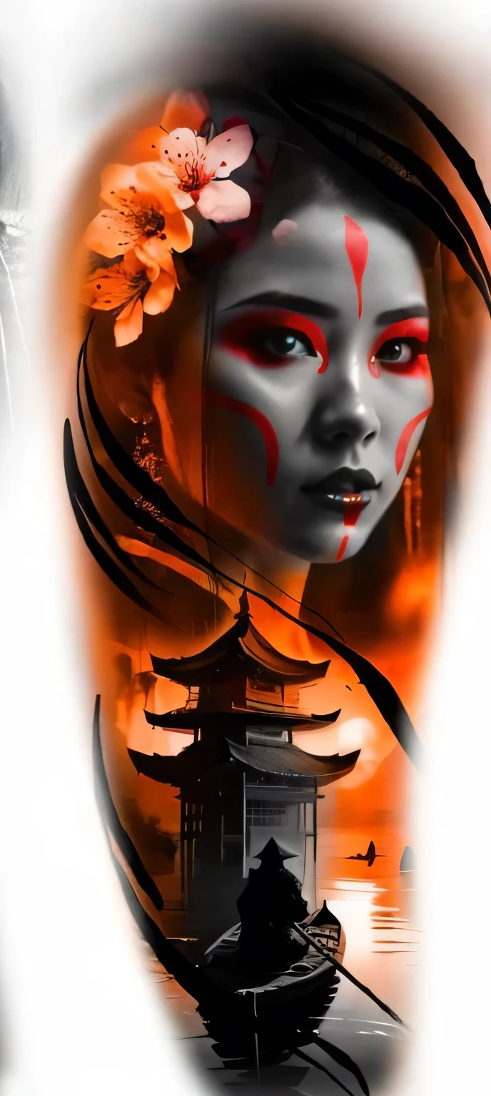 um close de uma mulher com o rosto vermelho e um barco, tatuagem de gueixa, digital art with airbrush, inspirado em Torii Kiyonobu I, gueixa ciberpunk, detailed face of an Asian girl, airbrush art, inspirado em Torii Kiyomitsu, inspirado em Torii Kiyomoto, inspirado em Torii Kiyomasu