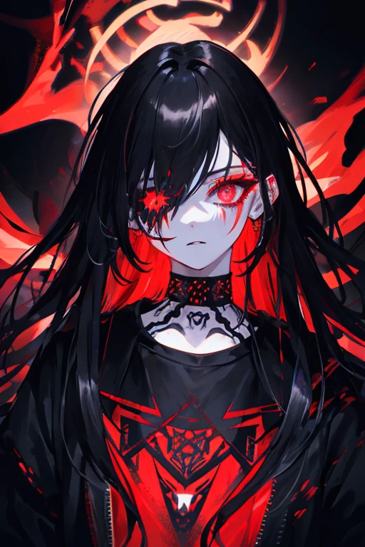 best quality, intricate details, chromatic aberration,
1girl, long hair, black hair, messy hair, red highlights, hair over one eye, red eyes, sharp eyes,
choker, neon shirt, torn legwear, open jacket,
glowing tattoos, glow, neon lights,
blacklight, scars, eye patch, chains, vampire, pale skin