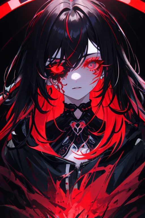 best quality, intricate details, chromatic aberration,
1girl, long hair, black hair, messy hair, red highlights, hair over one eye, red eyes, sharp eyes,
choker, neon shirt, torn legwear, open jacket,
glowing tattoos, glow, neon lights,
blacklight, scars, eye patch, chains, vampire, pale skin