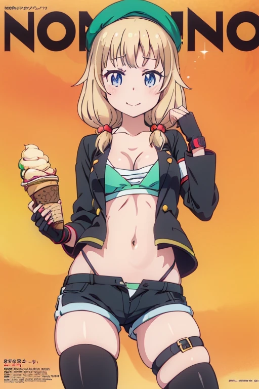 (from below:1.2),(from side:0.9), ((cute Face)), (Close-Up:0.6), ((looking at viewer, holding a icecream)),(Italian omusubi magazine cover:1.4), highest quality、(real、photorealistic:1.5),(ultra high resolution, ubel,dark green hair,long hair,side ponytail,hair between eyes,bangs, (beret, black jacket, open clothes, cleavage, midriff, black shorts, black thighhighs, thigh strap, fingerless gloves, single glove:1.2), (double breasted,under bust:1.2), sitting at a table, cute, anime visual of a cute girl, cute anime girl, eating cakes, young anime girl, guweiz, high quality anime artstyle, anime girl, artwork in the style of guweiz, beautiful anime girl, pretty anime girl, (anime girl), official artwork,(with sparkling eyes and a contagious smile),her thin pubic hair, looking at viewer, pose muy sexy"