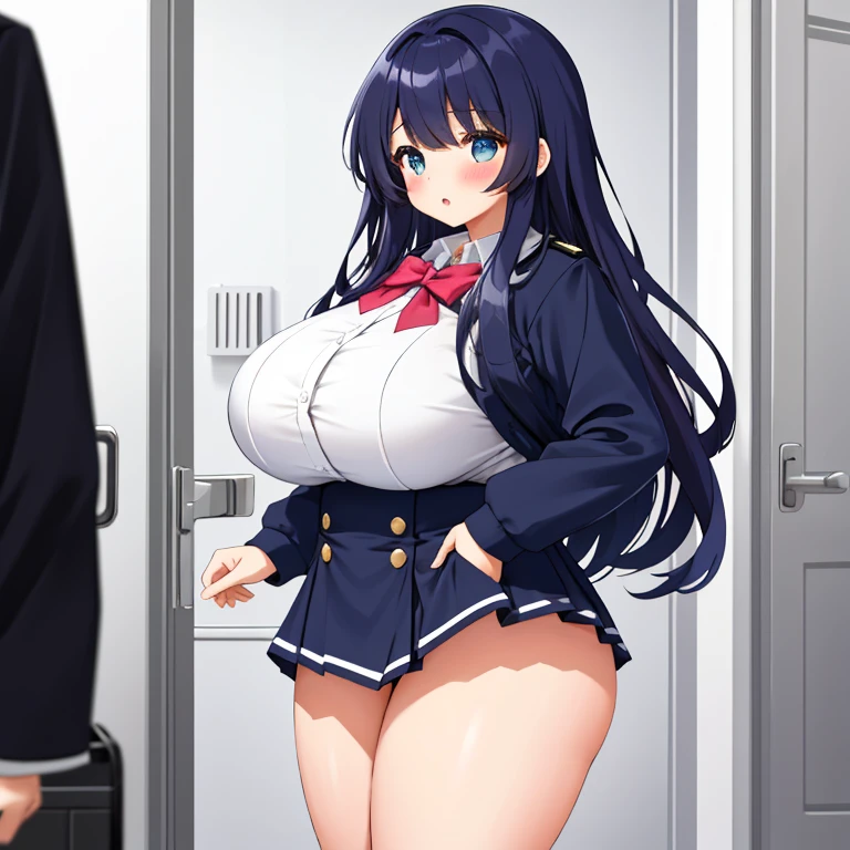 A Cute, Excessively Thick, and Excessively Huge Breasted Young Girl, with Overwhelmingly Huge Oversized Breasts, and Ridiculously Huge Thighs, Biggest Breasts, and the Thickest of all Thighs. She somehow managed to get in her High-School Uniform, but it’ Too Tight. She is only ((16 years old)), and her ((Breasts are Quadruple the Normal Size)), and is still getting Larger by the hour.