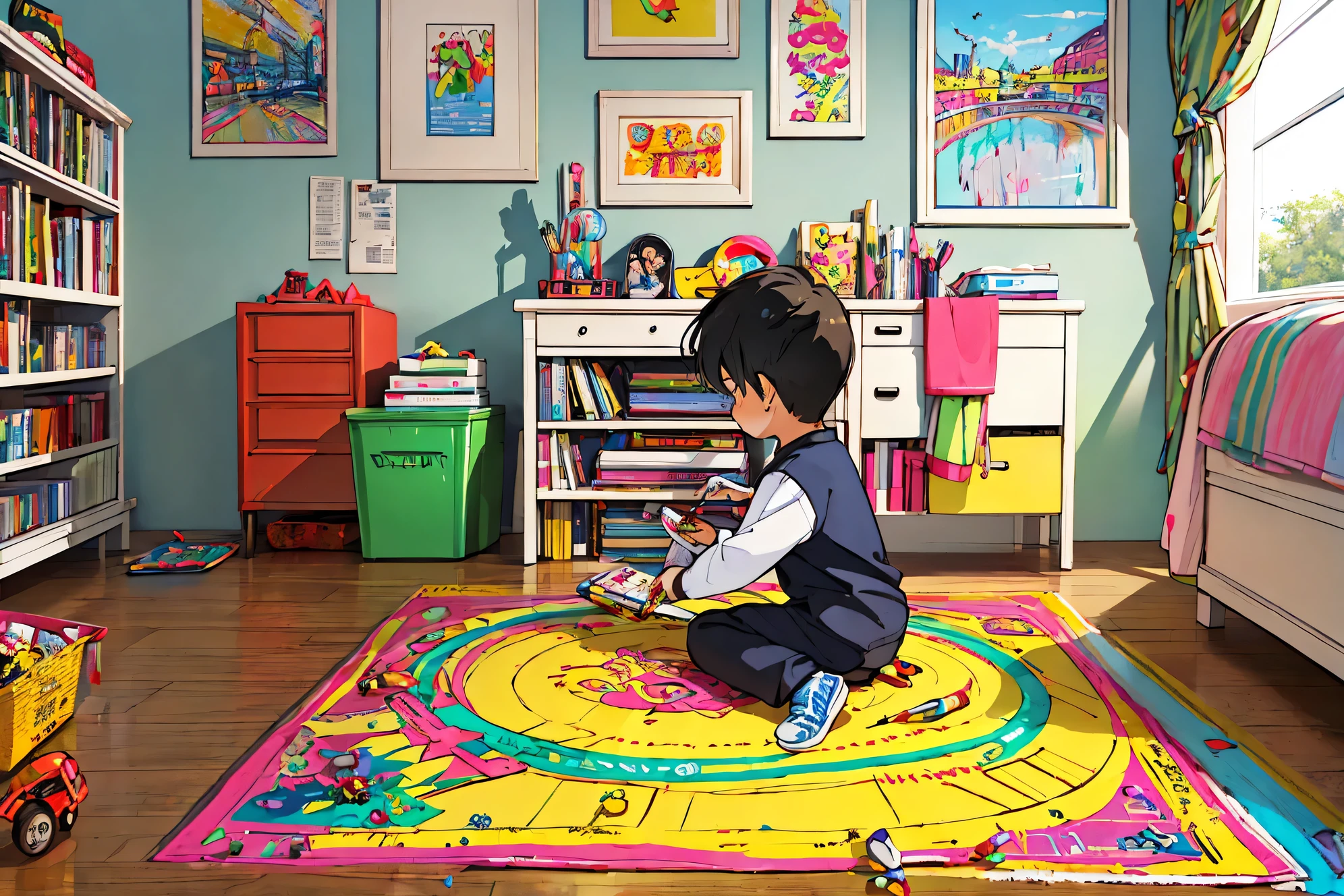 best quality, extremely detailed description, hyper detailed, masterpiece: 1.2, anime style, cute 3 year old boy playing with crayons on the floor of his room happy cheerful, floor painted with crayons, having a good time, walls covered with crayon drawings , full of toys