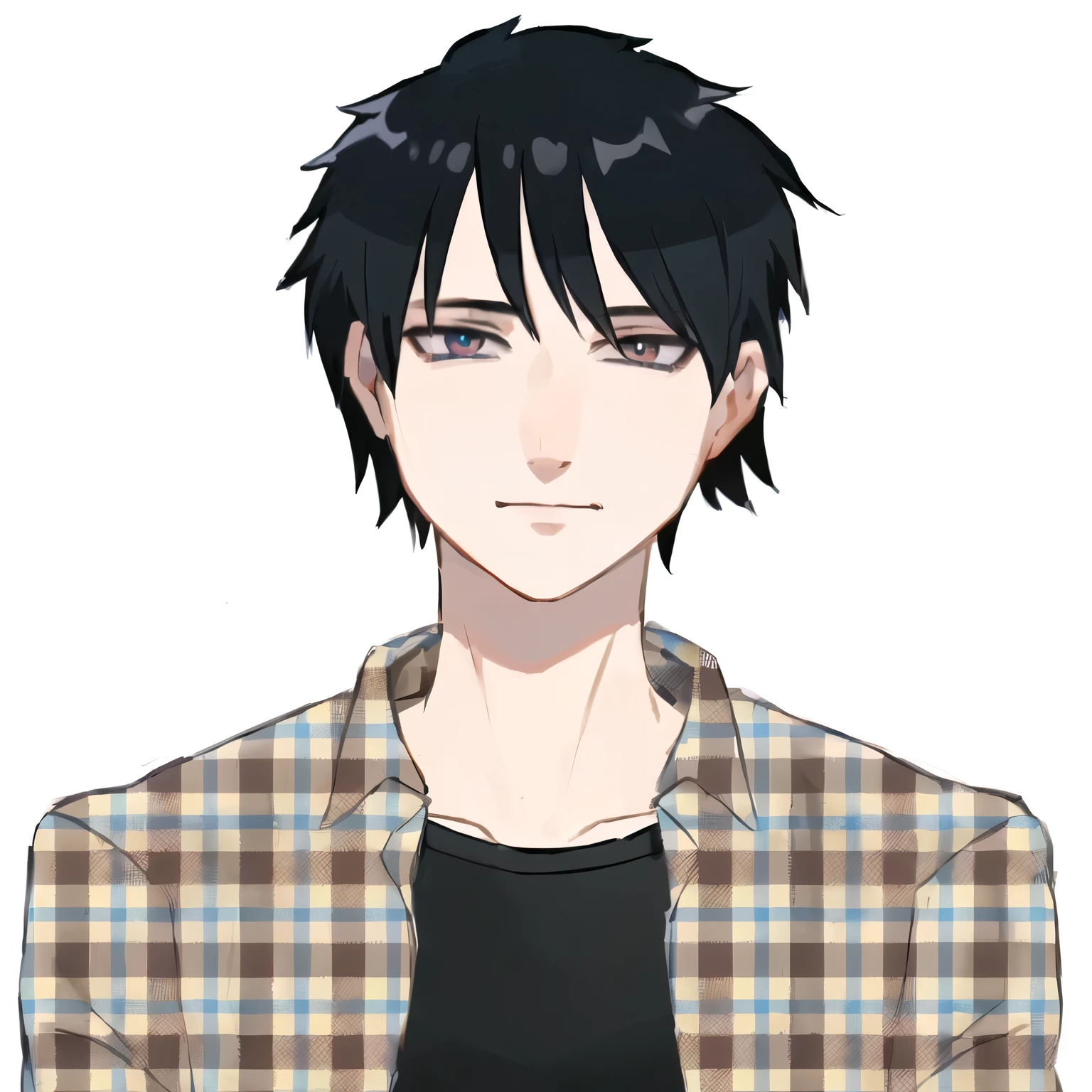 anime boy with black hair and a plaid shirt, anime handsome man, tall anime guy with blue eyes, young anime man, single character full body, anime portrait of a handsome man, a handsome man,black short hair, inspired by Itō Ogura Yonesuke, semi realistic anime, tanaka suguru, male anime character, male anime style