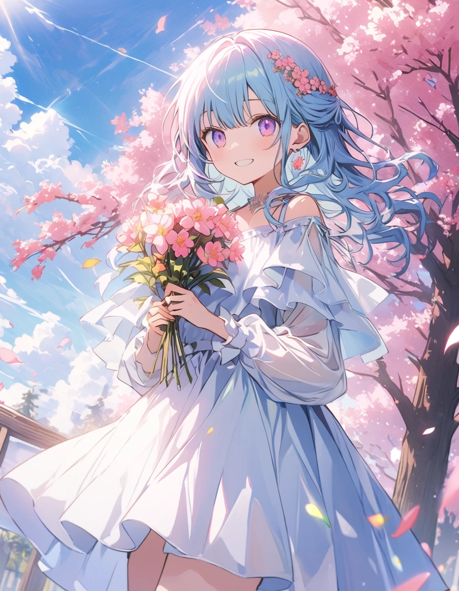 art flower, dream-like, cherry_flowerが咲く, fall_flowerびら, flowerびら, branch, pink_flower, One girl,20-year-old, green_null, spring_(seasupon), flowerびら_upon_liquid, flower, flower見, dress, (Lupong blupond curly hair：1.5),Wearing a wreinh,null, Outdoor, cloud, bangs, smile, pink_eye, White skirt with cherry blossom embellishments, just_shoulder, Earrings, Holding_flower, Wind, wood, Looking_in_Audience,Cowboy Shot,(highest quality、masterpiece、High resolution、detailed)、animeスタイル、Flat Style、(eyes shining  colors illuminated light,、detailed美しい顔),  BREAK,extremely detailed、(The Shining), Best lighting, Best Shadow、High saturation,Dynamic Angle、anime