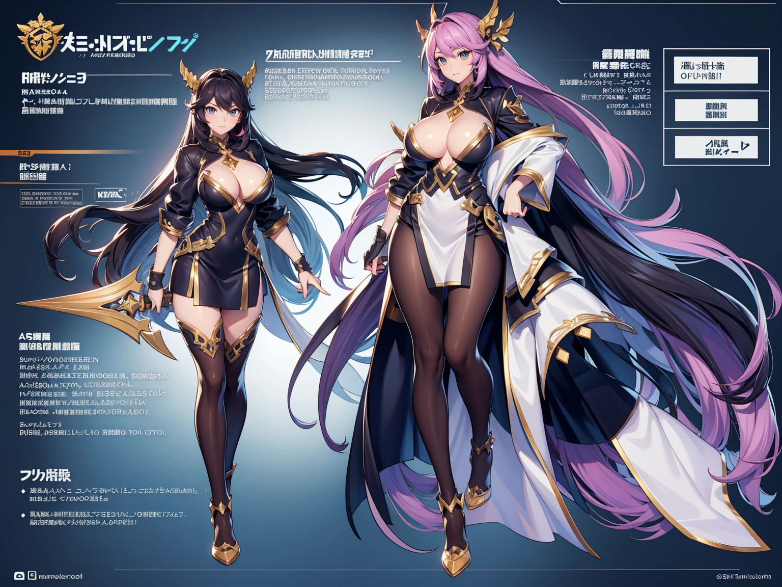 Female original character action reference sheet adoptable, Full body, Huge legs, Huge Breasts, action pose, highly detailed Beautiful face,