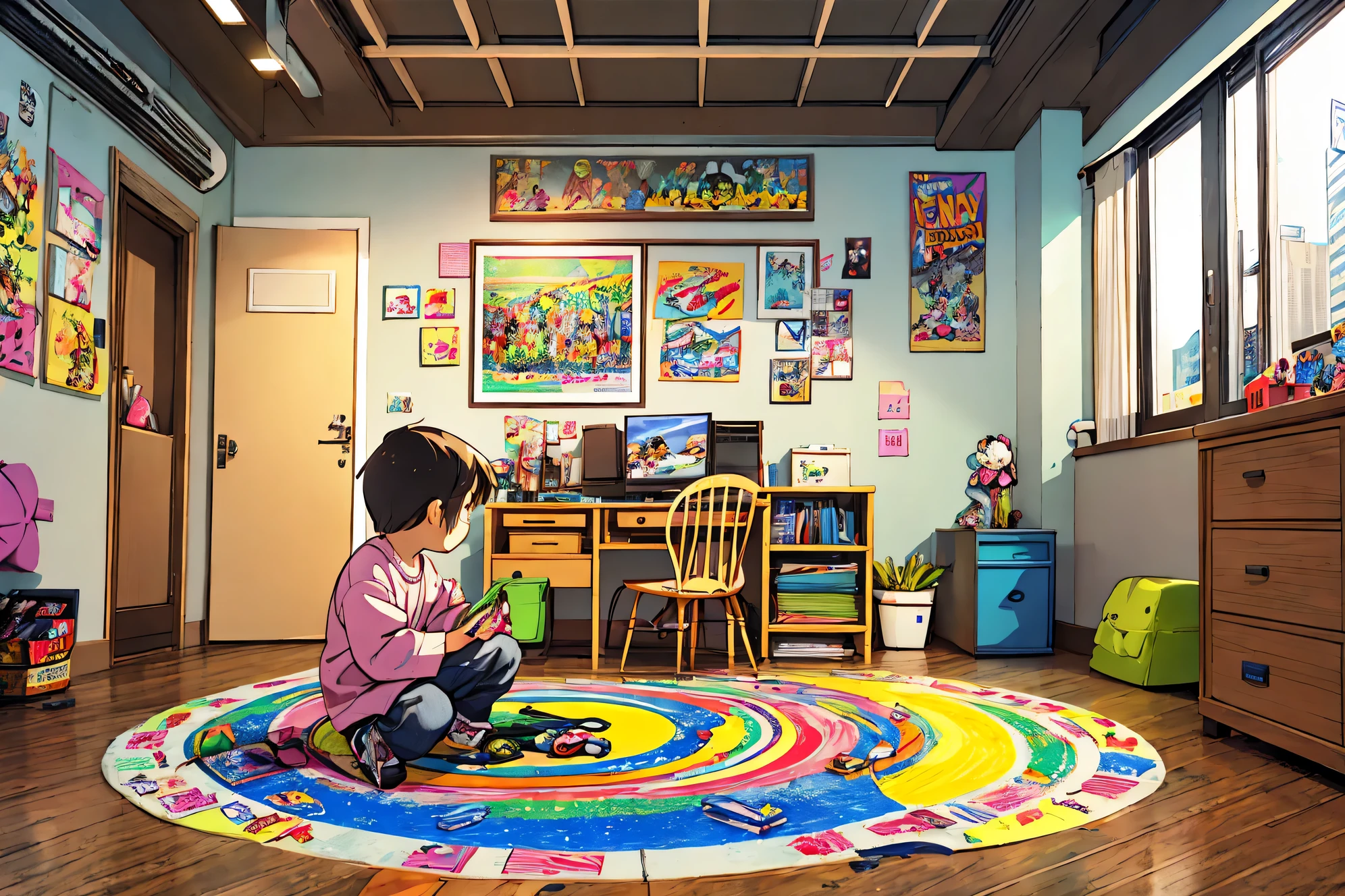 best quality, extremely detailed description, hyper detailed, masterpiece: 1.2, anime style, cute 3 year old boy playing with crayons on the floor of his room happy cheerful, floor painted with crayons, having a good time, walls covered with crayon drawings , full of toys