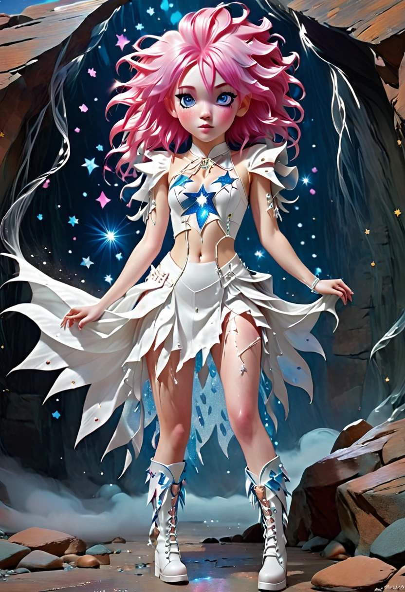 ((Between)) rocks stands a girl with pink hair wearing torn white lion cloth atound her hips white tor bra, white torn detached sleeves crystal tip boots with blue glittery strands of stars pecks of dust, rosey cheeks,