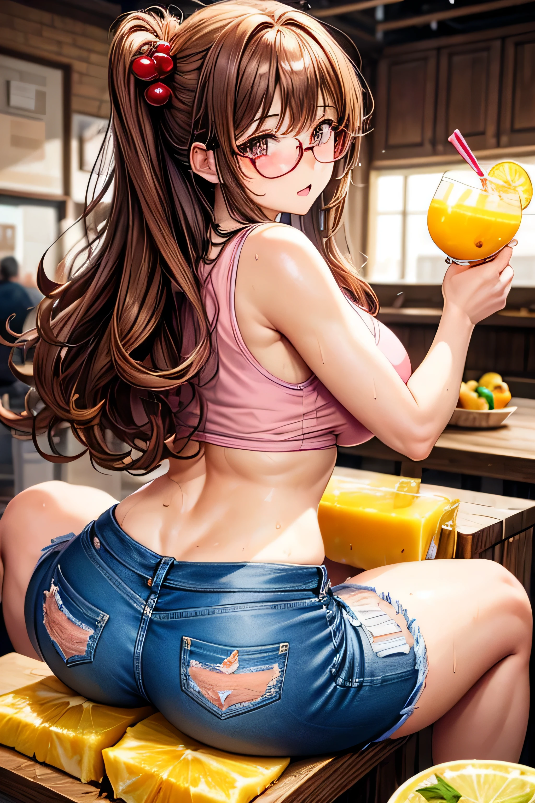High resolution, high quality, One girl, Anime Girls,Brown long hair, Brown eyes, Pink Glasses,heart shaped pupils,Sunburned skin, Large Breasts,beautiful breasts,pointy breasts,(Big Ass),beautiful ass,Embarrassed,Tank Top,denim shorts,lower body,sweat,wet,squatting,open legs,cherryblossom,at cafe,(lemon juice),(orange juice),(Pineapple juice),(Mango juice),(water),