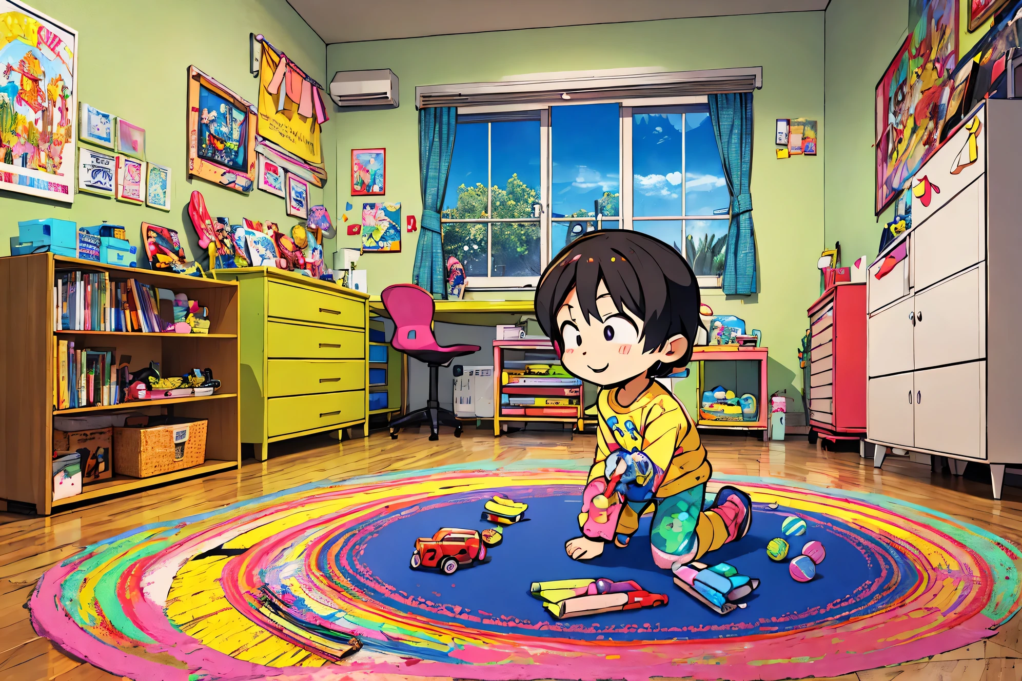 best quality, extremely detailed description, hyper detailed, masterpiece: 1.2, anime style, cute 3 year old boy playing with crayons on the floor of his room happy cheerful, floor painted with crayons, having a good time, walls covered with crayon drawings , full of toys