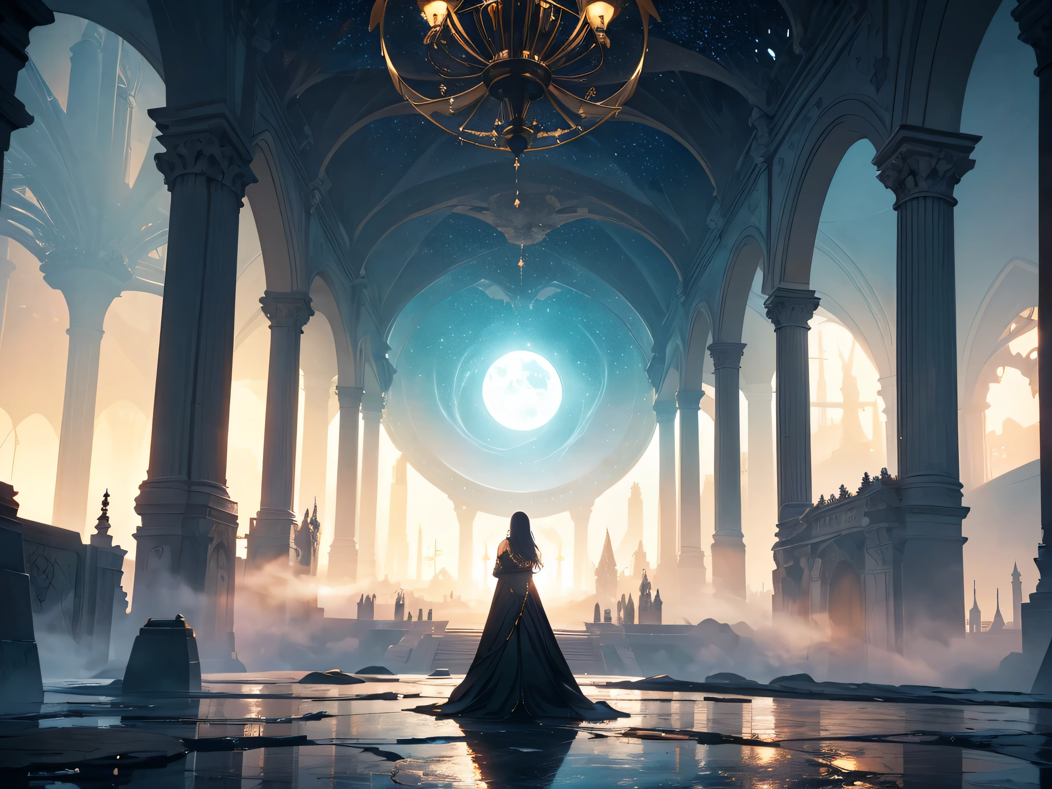 epic scenery "A Saga dos Reinos Divinos", the world is a mosaic of stunning and contrasting landscapes, where beauty and danger intertwine in an eternal dance between light and darkness. Nos Reinos Celestiais, floating cities among golden clouds rise majestically against a deep blue sky. Towering towers and palaces shine like jewels set in a heavenly mantle, refletindo a luz do sol como prismas de pura luminosidade. Hanging gardens and crystal-clear fountains adorn the open spaces, enquanto os habitantes divinos percorrem ruas pavimentadas com ouro e prata. Por outro lado, nos Reinos das Trevas, the landscape is dark and desolate. Barren lands stretch as far as the eye can see, pontuadas por rochas escarpadas e cavernas profundas. Ruined cities stand as silent witnesses to a dark age, its broken walls and crumbling towers echo the past of a fallen empire. A black fog hangs over the horizon, obscuring the sun and casting ominous shadows across the land. Entre estes extremos, the Mortal Lands are a mosaic of diverse scenarios. Lush green plains stretch as far as the eye can see, salpicadas por florestas exuberantes e rios caudalosos. Majestic mountains stand like imposing guardians, suas cristas cobertas de neve reluzindo sob a luz da lua. Bustling cities and peaceful villages pulse with life and activity, while the mortal inhabitants go about their daily lives, inconscientes das intrigas que se desenrolam nos reinos divinos.
