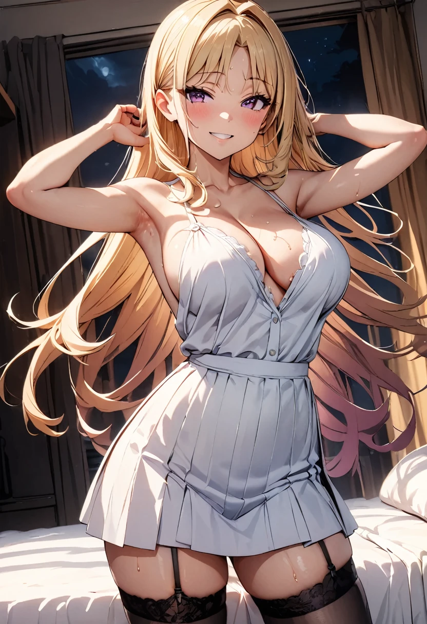 (masterpiece),(best quality),(ultra-detailed),(extremely detailed cg),(a extremely delicate),(perfect lighting), (8k),(dynamic angle),(sharp image), vibrant colors, female, masterpiece, best quality, depth of field, cinematic lighting, masterpiece, best quality, ultra-detailed, colorful, vibrant, large breasts, thighs, 1girl, looking at viewer, collarbone, blush, arms behind head, 8k photo, high resolution, sweaty girl, an anime picture of a lady while standing on the bed, bedroom, castle, kings bed, night, indoors, completely naked, smile, black garter belt, black garter straps, black fishnet thighhighs, ,very long hair,blonde hair,shiny hair,hair intakes,parted bangs,purple eyes, white dress