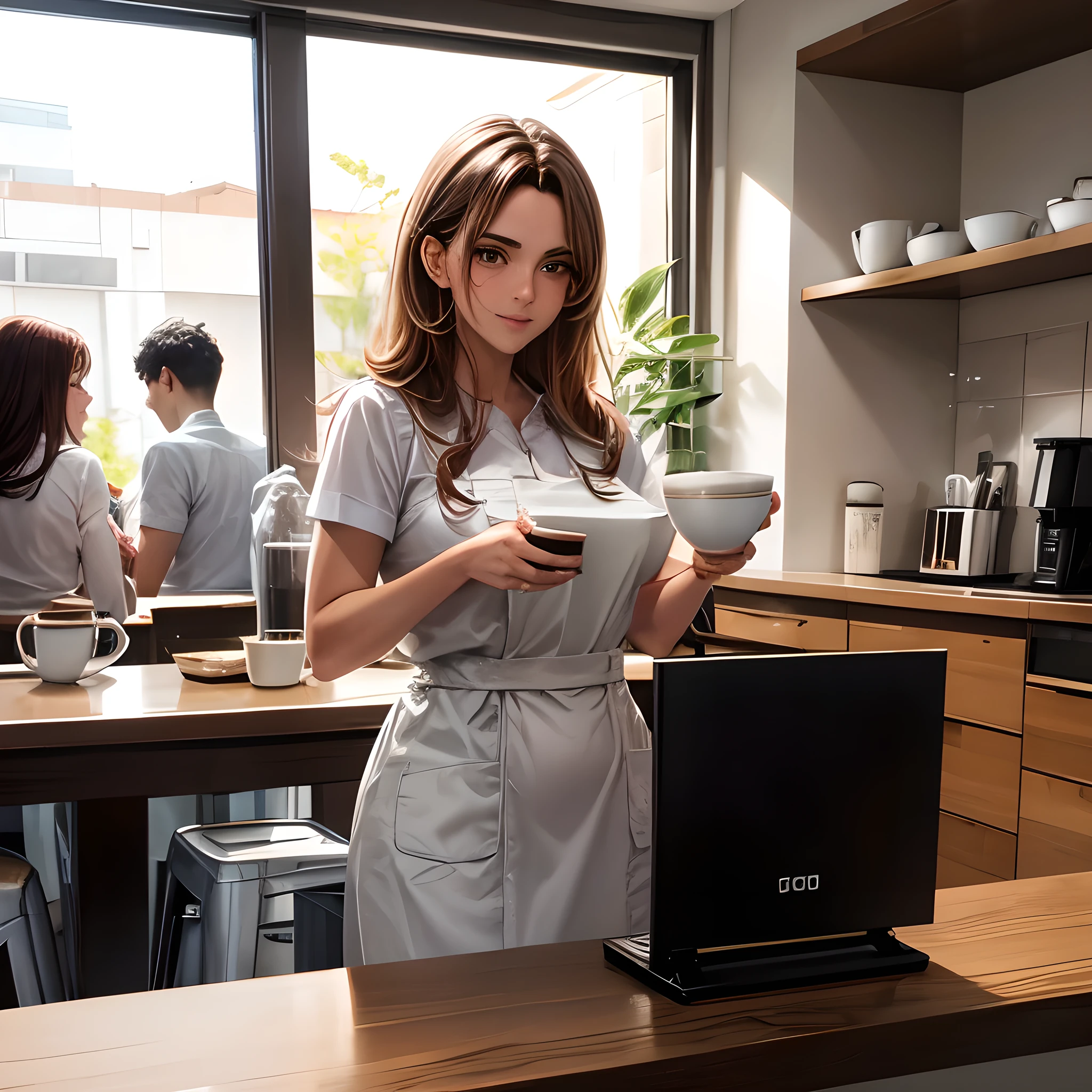 Uma empregada de cabelos loiros , serving coffee