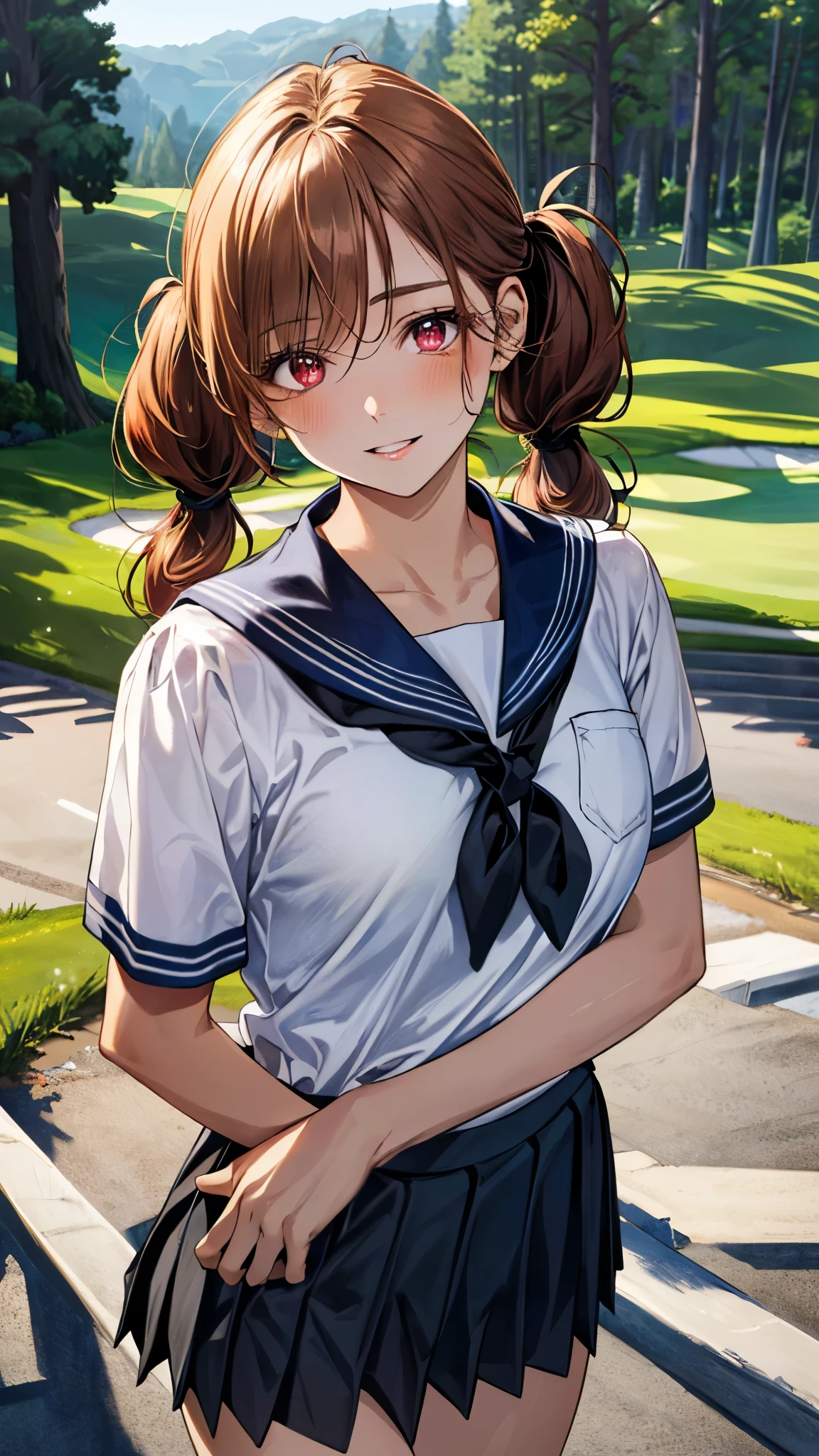 (masterpiece:1.3, top-quality, ultra high res, ultra detailed), (realistic, photorealistic:1.4), beautiful illustration, perfect lighting, natural lighting, colorful, depth of fields, surrealism, nsfw, 
beautiful detailed hair, beautiful detailed face, beautiful detailed eyes, beautiful clavicle, beautiful body, beautiful chest, beautiful thigh, beautiful legs, beautiful fingers, shiny skin, 
looking at viewer, 1 girl, japanese, gravure model, 21 years old, (perfect anatomy, anatomically correct, super detailed skin), cute and symmetrical face, babyface, perfect face, perfect eyes, 
(middle hair, low twintails, amber orange hair), swept bangs, maroon eyes, slant eyes, long eye lasher, (large breasts, seductive thighs), slender, outstanding style, 
((detailed cloth texture, short sleeves, sailor uniform, pleated skirt, sailor collar, scarf)), 
(beautiful scenery), evening, (golf course), (standing), (lovely smile, upper eyes, parted lips),
