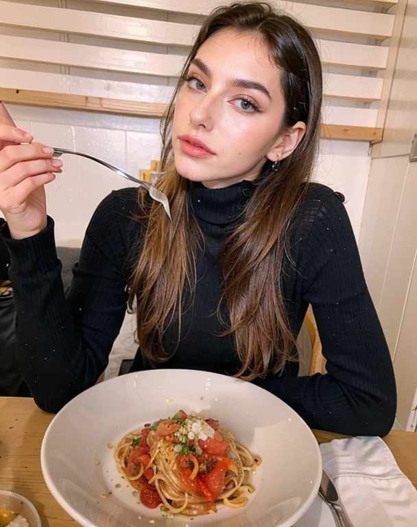 Noble Gaia, 18 ans, yeux bleus cheveux bruns, (hyper realistic messy hair, queue de cheval, cheveux autour) hyper realistic and natural skin, skin imperfections1.33, 
eating pasta with a fork in front of her at a table, mange des pâtes tout le temps, manger des spaghettiss, manger des spaghettiss from a bowl, aspect italien, mukbang, manger des nouilles, Siroter des spaghettiss, spaghettis, spaghettis hair, Photo prise avec Canon EOS 35 mm