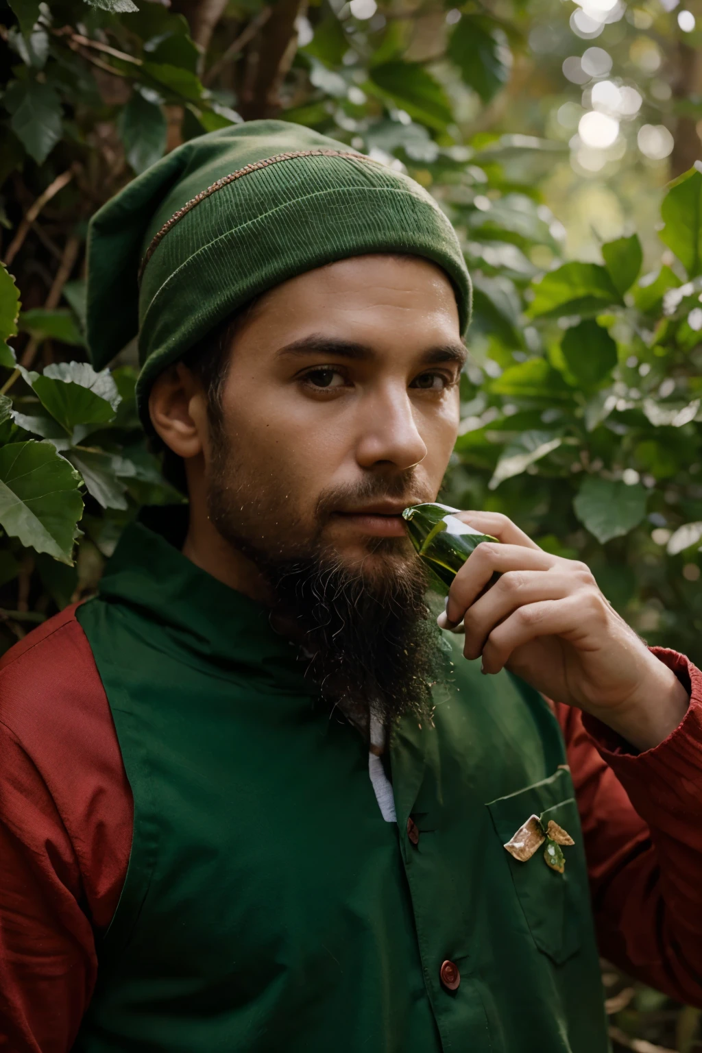gnomo com roupa verde na floresta tomando um vinho