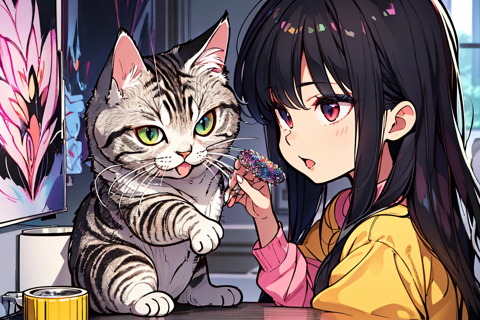 (best quality,4k,8k,highres,masterpiece:1.2),ultra-detailed,realistic:1.37, a girl applying makeup on her cat, a very funny scene, cat amazed and trying to escape, hyper-detailed image, sharp and beautiful, magical and fun, illustrations, vibrant colors, soft lighting, detailed girl's hands and brush strokes