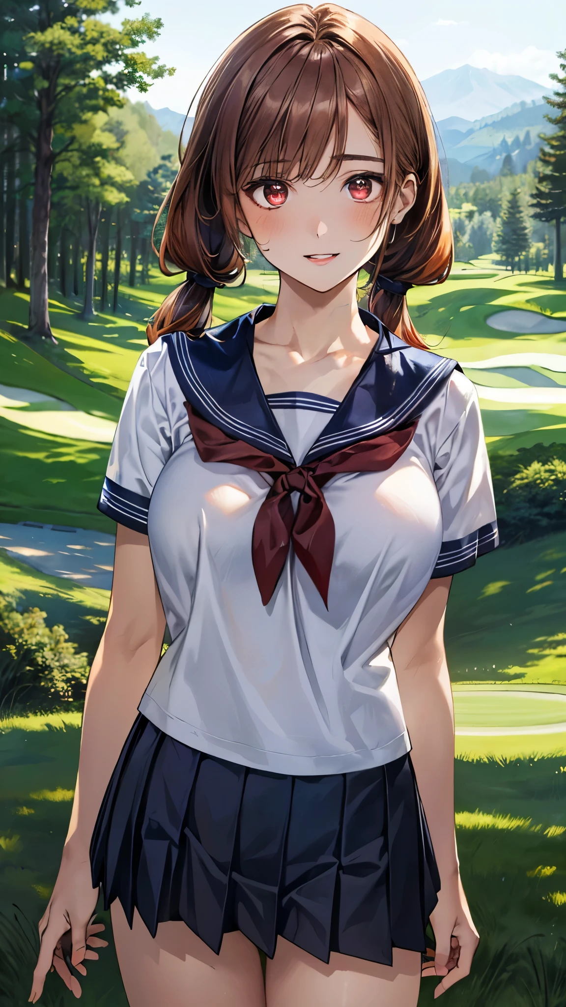 (masterpiece:1.3, top-quality, ultra high res, ultra detailed), (realistic, photorealistic:1.4), beautiful illustration, perfect lighting, natural lighting, colorful, depth of fields, surrealism, nsfw,
beautiful detailed hair, beautiful detailed face, beautiful detailed eyes, beautiful clavicle, beautiful body, beautiful chest, beautiful thigh, beautiful legs, beautiful fingers, shiny skin,
looking at viewer, 1 girl, japanese, gravure model, 21 years old, (perfect anatomy, anatomically correct, super detailed skin), cute and symmetrical face, babyface, perfect face, perfect eyes,
(middle hair, low twintails, amber orange hair), swept bangs, maroon eyes, slant eyes, long eye lasher, (large breasts, seductive thighs), slender, outstanding style,
((detailed cloth texture, short sleeves, sailor uniform, pleated skirt, sailor collar, scarf)),
(beautiful scenery), evening, (golf course), (standing), (lovely smile, upper eyes, parted lips),