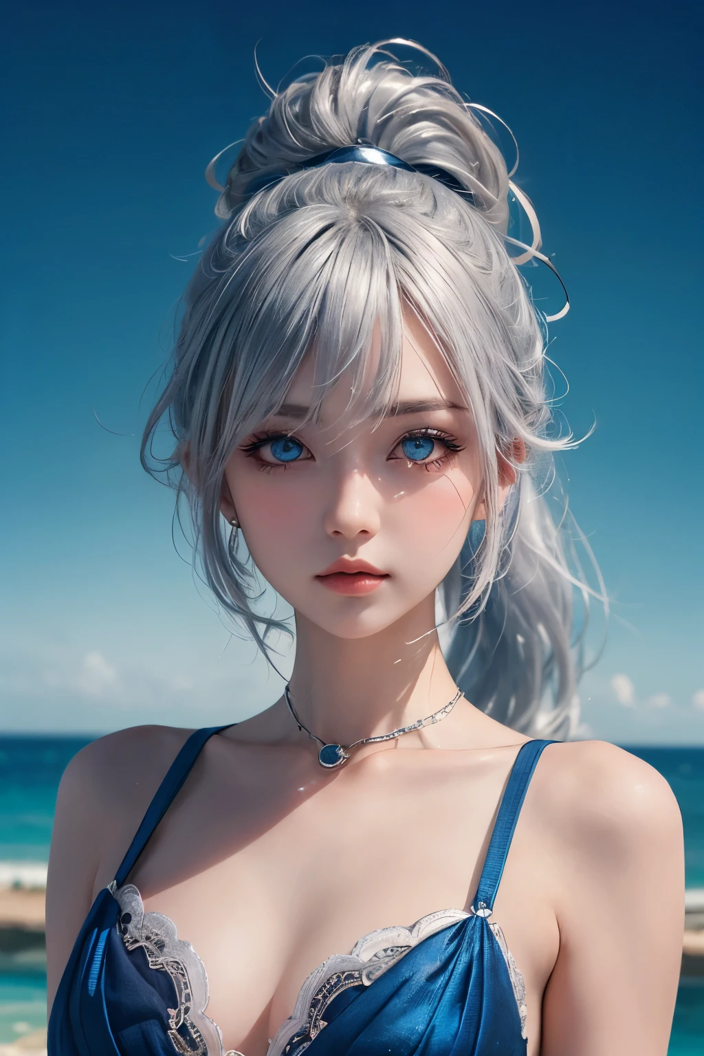 longeyelashes, Solid Circle Eyes,  Ponytail, Silver hair, colored contact lenses, surrealism, drop shadow, anaglyph, stereograms,  POV, Atmospheric perspective, 8K, Super Detail, ccurate, Best Quality,The shoulders have exposed skin,