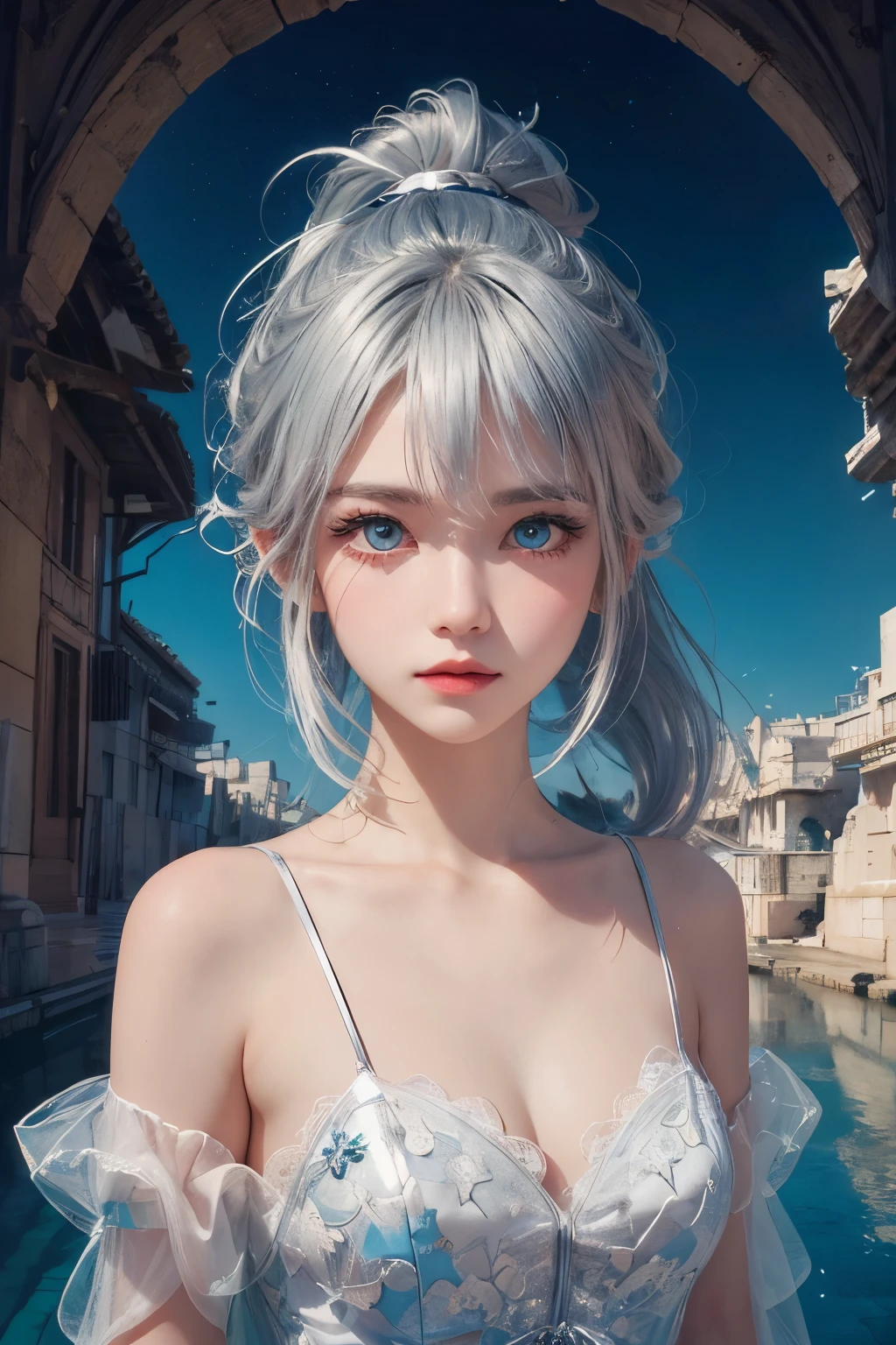 longeyelashes, Solid Circle Eyes,  Ponytail, Silver hair, colored contact lenses, surrealism, drop shadow, anaglyph, stereograms,  POV, Atmospheric perspective, 8K, Super Detail, ccurate, Best Quality,The shoulders have exposed skin,