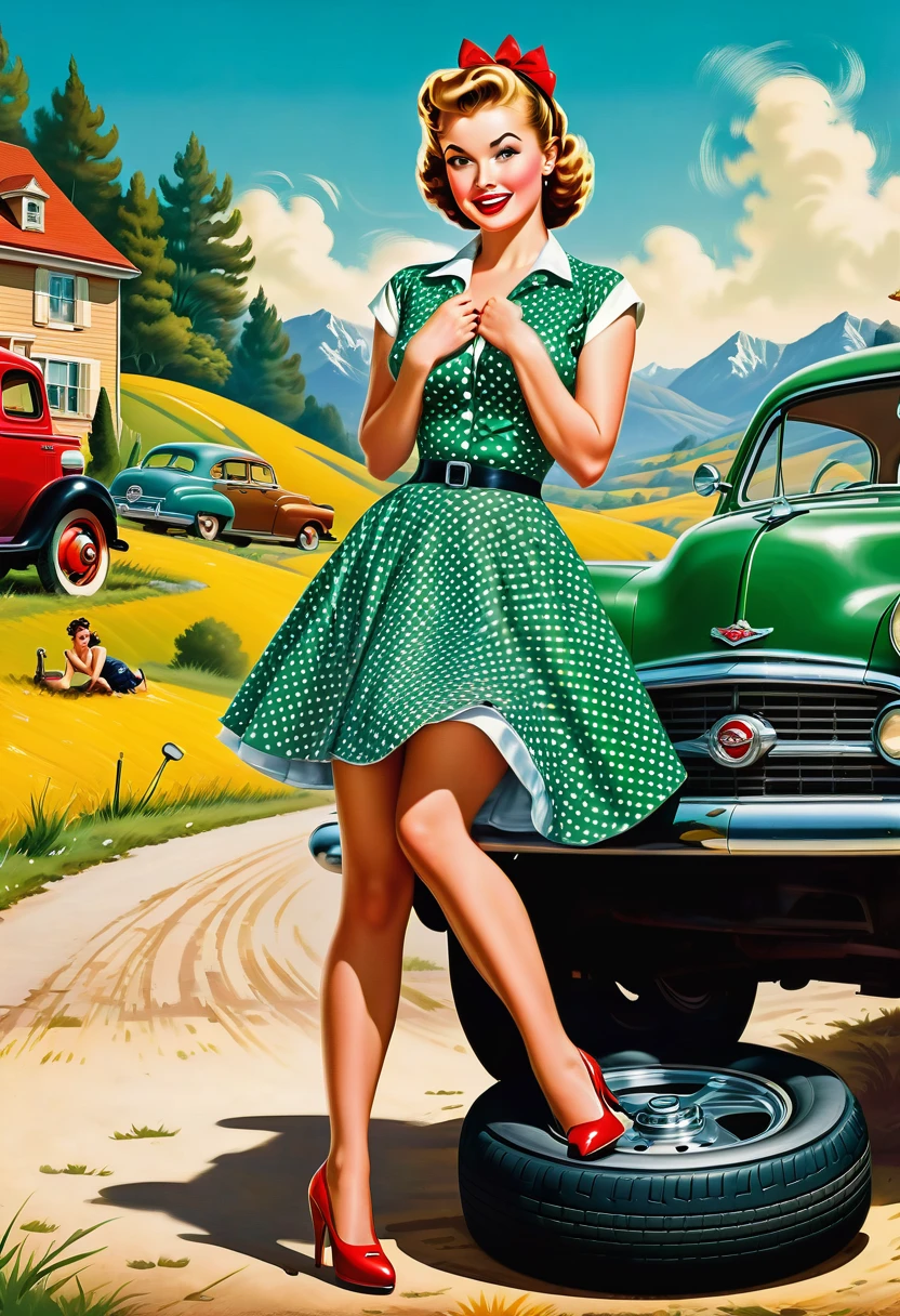 n a picturesque landscape along a rural road from the 1950s, a seductive pin-up beauty experiences an unexpected mishap. The image depicts a scene where the pin-up girl, dressed in a short polka-dot dress and high heels, is attempting to change a car tire.
The pin-up girl is excited and slightly surprised as her panties unexpectedly slip down while she bends over to loosen the tire. She tries to hold the hem of her skirt with one hand while using the tire iron with the other. Her facial expression is a mix of determination and slight annoyance at the unexpected wardrobe malfunction.
The car, a classic vintage car, is parked next to her, and tools and spare tires are scattered on the ground. In the background, there is an idyllic landscape of green hills and blue sky. The scene exudes the charm and aesthetics of the 1950s, with the pin-up girl as the focal point of attention.
Mood and Atmosphere:
The image conveys a humorous and slightly cheeky mood, typical of 1950s pin-up art. It captures a snapshot of an unexpected situation where the pin-up girl maintains her femininity and charm despite the mishap. The scene invites viewers to enjoy the nostalgic flair of bygone eras and experience the playfulness of the pin-up era.