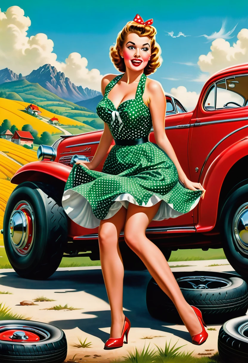 n a picturesque landscape along a rural road from the 1950s, a seductive pin-up beauty experiences an unexpected mishap. The image depicts a scene where the pin-up girl, dressed in a short polka-dot dress and high heels, is attempting to change a car tire.
The pin-up girl is excited and slightly surprised as her panties unexpectedly slip down while she bends over to loosen the tire. She tries to hold the hem of her skirt with one hand while using the tire iron with the other. Her facial expression is a mix of determination and slight annoyance at the unexpected wardrobe malfunction.
The car, a classic vintage car, is parked next to her, and tools and spare tires are scattered on the ground. In the background, there is an idyllic landscape of green hills and blue sky. The scene exudes the charm and aesthetics of the 1950s, with the pin-up girl as the focal point of attention.
Mood and Atmosphere:
The image conveys a humorous and slightly cheeky mood, typical of 1950s pin-up art. It captures a snapshot of an unexpected situation where the pin-up girl maintains her femininity and charm despite the mishap. The scene invites viewers to enjoy the nostalgic flair of bygone eras and experience the playfulness of the pin-up era.