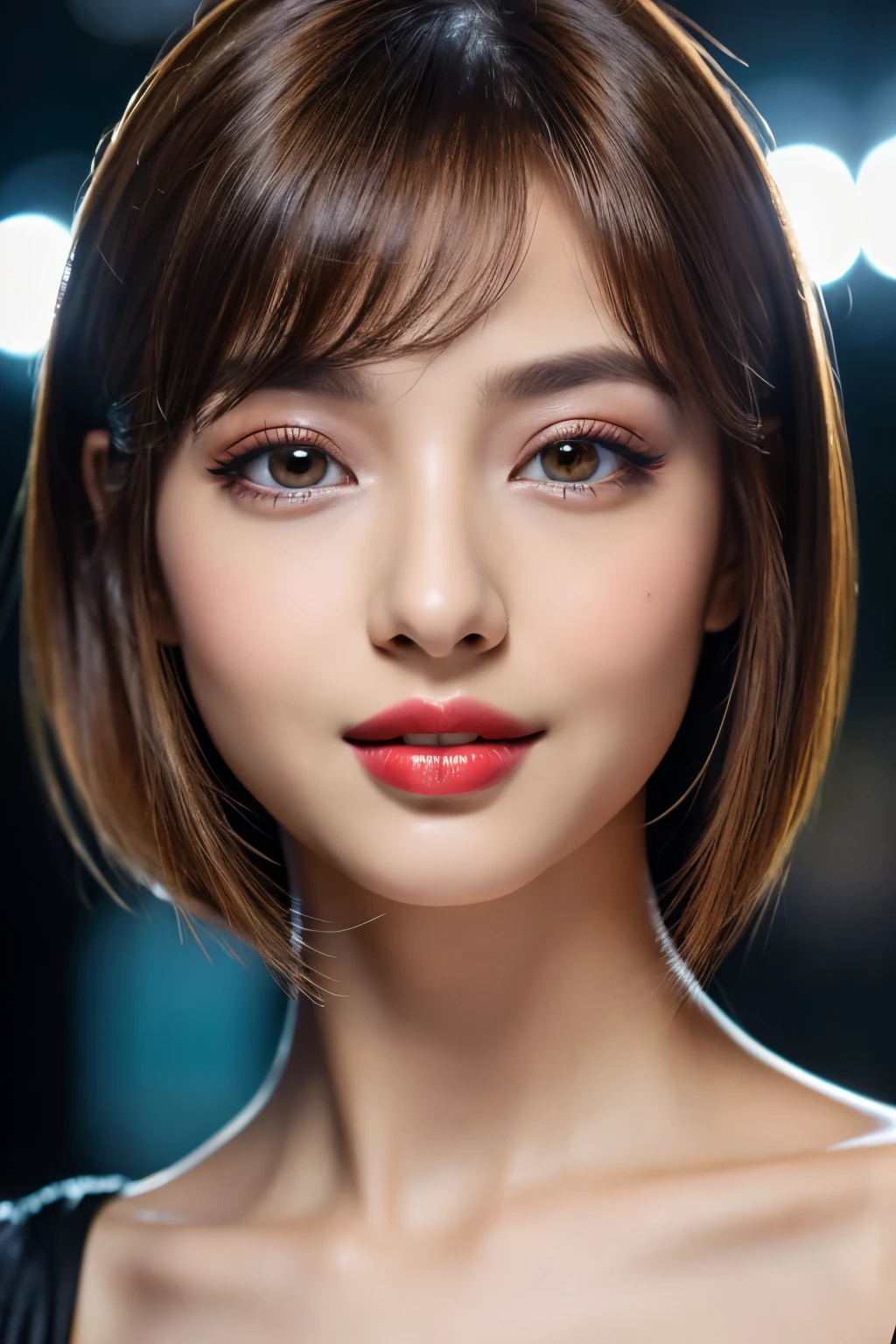 (highest quality、table top、8k、best image quality、Award-winning work)、(one young girl, :1.3)、no sleeve, (red eyeshadow:1.2)、perfect makeup、long eyelashes、Super high-definition sparkling eyes、ultra high definition hair、ultra high resolution glossy lips、Super high resolution perfect teeth、Super high resolution cute face、brown hair、(very short straight hair:1.1)、look at me and smile、[clavicle]、accurate anatomy、(close up of face:1.5)、Luxury love hotel、(The most moody warm lighting:1.2)、blurred background、With bangs、Super high-resolution glossy and moisturized face、Super high resolutio n glowing skin、most detailed face、Ultra high resolution detailed faces、ultra high resolution hair、Fashion model 25 years old [[[[close-up]]], [[[[chest]]]], [[[[neck]]], [shoulders]]]]], Perfect eyes, Perfect iris, Perfect lips, Perfect teeth, Perfect skin, Soft front light, Glow, HDR, (Soft color: 1.2), Best quality, masterpiece, ultra high res, (photorealistic:1.37), raw photo, 1girl, long hair, beautifull eyes, beautifull face, detailed eyes and face, t-shirt, dynamic lighting, in the dark, table top, highest quality, realistic, Super detailed, finely, High resolution, 8k wallpaper, 1 beautiful woman, light brown messy hair, He is wearing an open-necked shirt., sharp focus, perfect dynamic composition, beautiful and detailed eyes, thin hair, Detailed realistic skin texture, smile, close-up portrait, model body shape, mile, close-up portrait, model body shape, body shape,cleavage, tropical beach, thin and long legs Translated with DeepL.com (free version)Top Quality, Masterpiece, (Realistic:1.2), 1 girl, detailed face, beautiful eyes, (Masterpiece:1.2, Top Quality), (fine beautiful eyes: 1. 2), (highly detailed Cg Unity 8K wallpaper, Masterpiece, Top Quality, super detailed, best shaSuper high resolution sparkling eyes、Beautiful face drawn in every detail、Super high resolution glossy red lips、big breasts、cleavage、Fashionable necklaces、camisole, ((masterpiece)), (ultra detailed