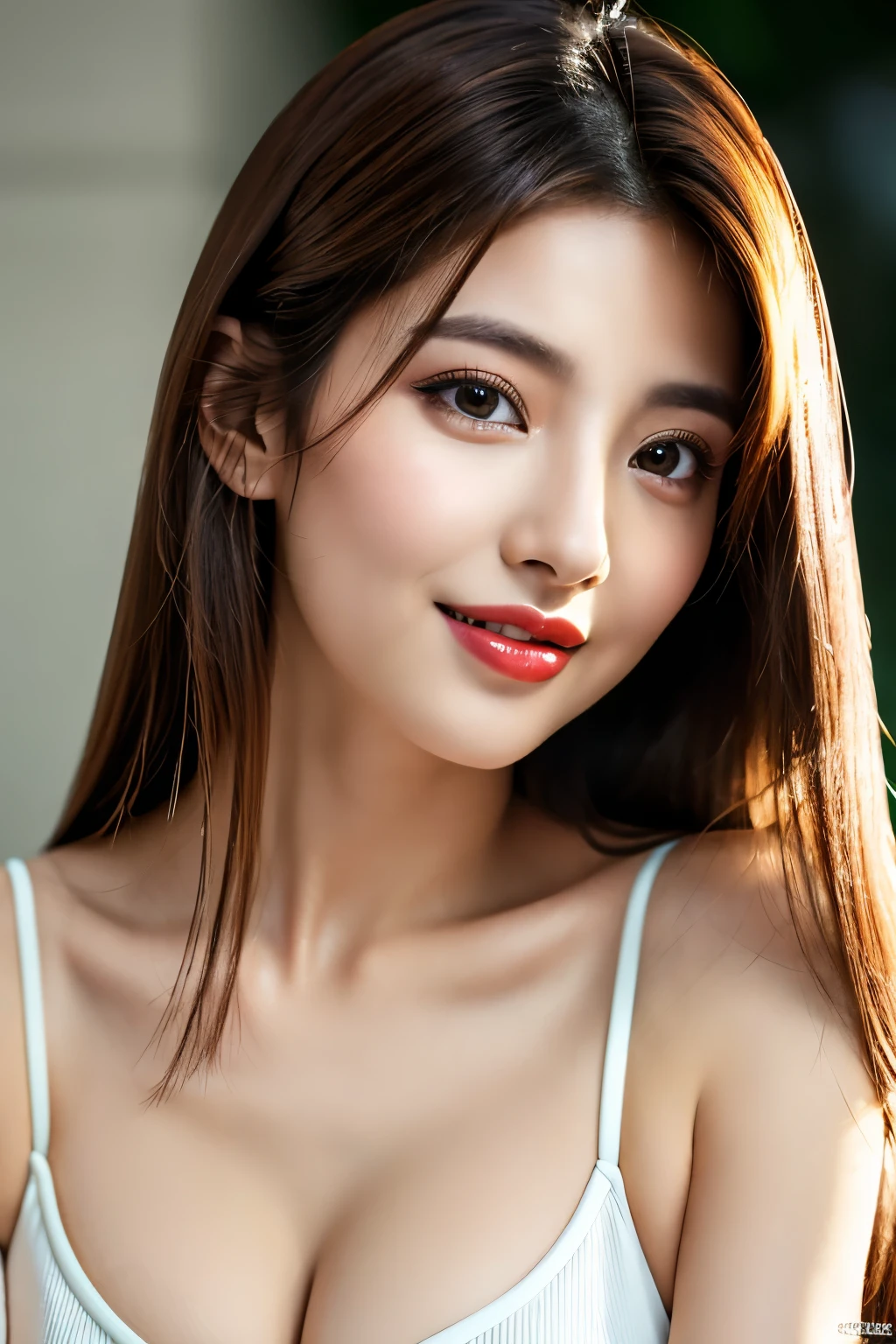 (highest quality、table top、8k、best image quality、Award-winning work)、(one young girl, :1.3)、no sleeve, (red eyeshadow:1.2)、perfect makeup、long eyelashes、Super high-definition sparkling eyes、ultra high definition hair、ultra high resolution glossy lips、Super high resolution perfect teeth、Super high resolution cute face、brown hair、(very short straight hair:1.1)、look at me and smile、[clavicle]、accurate anatomy、(close up of face:1.5)、Luxury love hotel、(The most moody warm lighting:1.2)、blurred background、With bangs、Super high-resolution glossy and moisturized face、Super high resolutio n glowing skin、most detailed face、Ultra high resolution detailed faces、ultra high resolution hair、Fashion model 25 years old [[[[close-up]]], [[[[chest]]]], [[[[neck]]], [shoulders]]]]], Perfect eyes, Perfect iris, Perfect lips, Perfect teeth, Perfect skin, Soft front light, Glow, HDR, (Soft color: 1.2), Best quality, masterpiece, ultra high res, (photorealistic:1.37), raw photo, 1girl, long hair, beautifull eyes, beautifull face, detailed eyes and face, t-shirt, dynamic lighting, in the dark, table top, highest quality, realistic, Super detailed, finely, High resolution, 8k wallpaper, 1 beautiful woman, light brown messy hair, He is wearing an open-necked shirt., sharp focus, perfect dynamic composition, beautiful and detailed eyes, thin hair, Detailed realistic skin texture, smile, close-up portrait, model body shape, mile, close-up portrait, model body shape, body shape,cleavage, treach, thin and long legs Translated with DeepL.com (free version)Top Quality, Masterpiece, (Realistic:1.2), 1 girl, detailed face, beautiful eyes, (Masterpiece:1.2, Top Quality), (fine beautiful eyes: 1. 2), (highly detailed Cg Unity 8K wallpaper, Masterpiece, Top Quality, super detailed, best shaSuper high resolution sparkling eyes、Beautiful face drawn in every detail、Super high resolution glossy red lips、big breasts、cleavagee necklaces、, ((masterpiece)), (ultra detailed