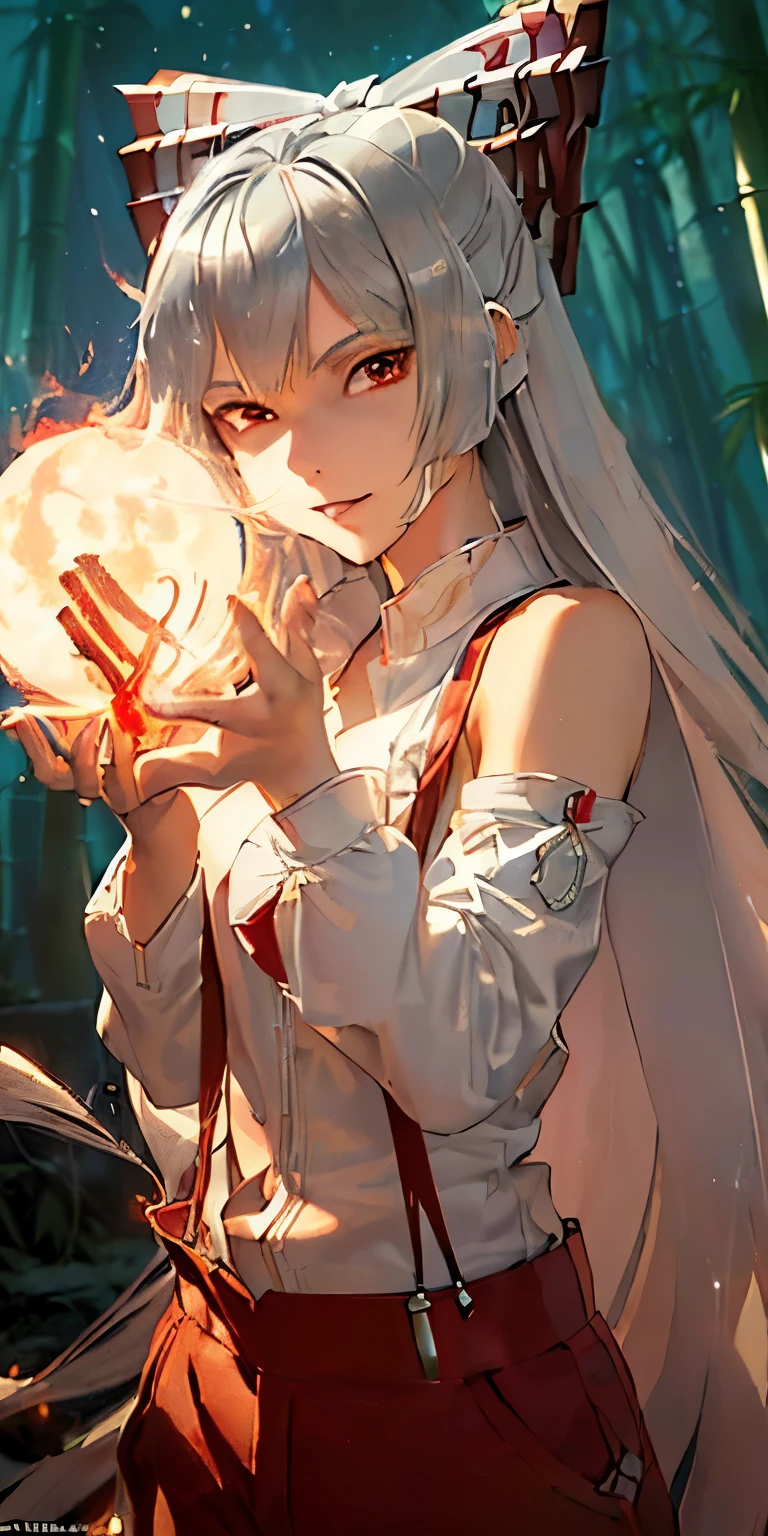 (masterpiece, best quality:1.3), (ultra detailed:1.3), (final fantasy artwork concept:1.5), (manga eyes + hair + clothes + body + face + colors + shoulders + eyes:1.3), (upper body:1.3), Fujiwara no Mokou, Touhou Series, (anime, illustration:1.3), perfect face, expressive eyes, 1 girl, looking at viewer, 16 years old, beautiful, anime, lora, (silver hair, long hair, white shirt, red pants:1.3), (look evil:1.5), (cinematic lighting, realistic, dream-like, enchanting atmosphere:1.5), (an old japanese mansion with moonlight leaking, in bamboo forest, midnight, big full moon:1.3), (Mokou casting a spell, with hands glowing and ais-particlez emanating in a dazzling array of colors, enveloping the entire scene:1.3),
