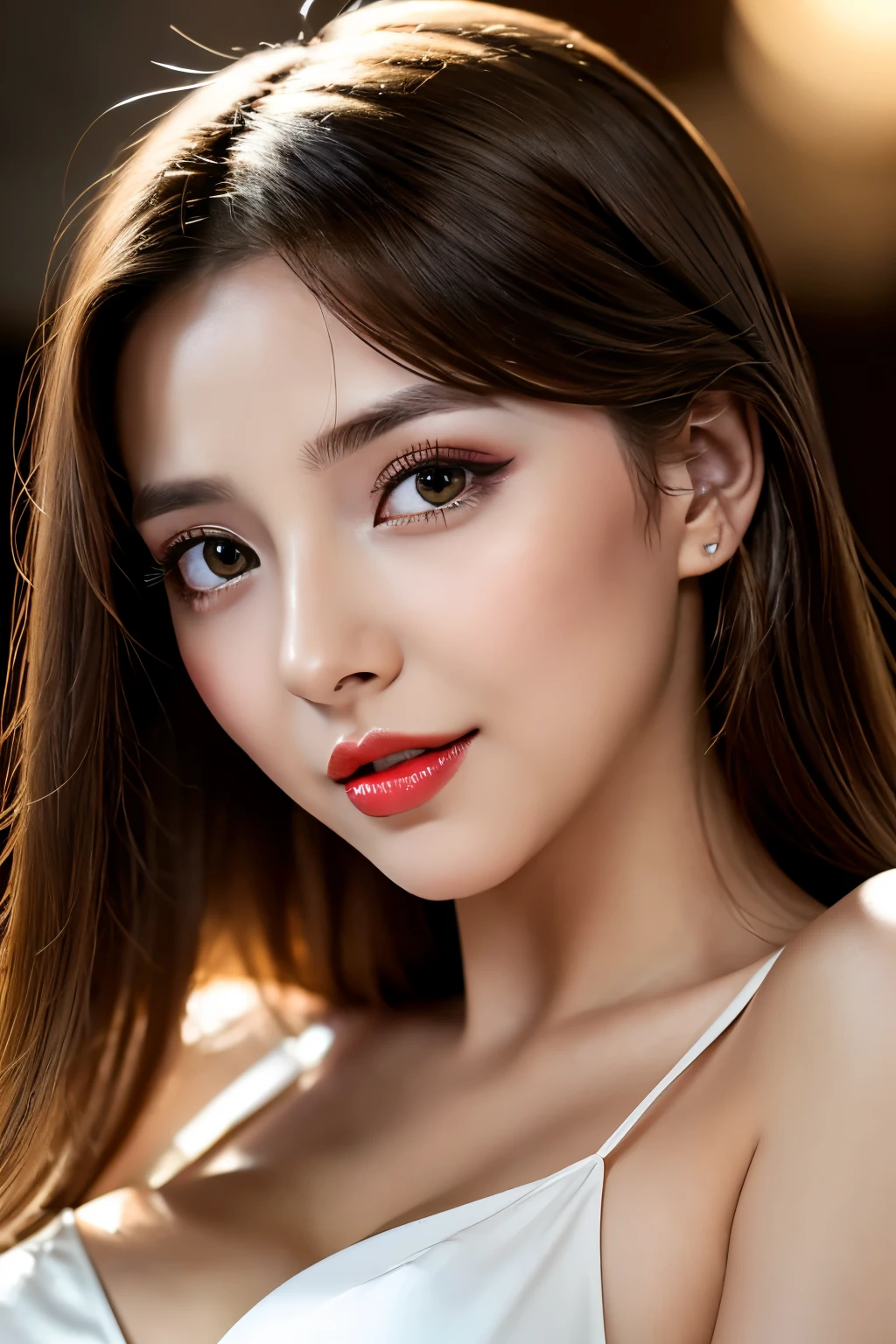 (highest quality、table top、8k、best image quality、Award-winning work)、(one young girl, 14 years old:1.3)、no sleeve, (red eyeshadow:1.2)、perfect makeup、long eyelashes、Super high-definition sparkling eyes、ultra high definition hair、ultra high resolution glossy lips、Super high resolution perfect teeth、Super high resolution cute face、brown hair、(very short straight hair:1.1)、look at me and smile、[clavicle]、accurate anatomy、(close up of face:1.5)、Luxury love hotel、(The most moody warm lighting:1.2)、blurred background、With bangs、Super high-resolution glossy and moisturized face、Super high resolutio n glowing skin、most detailed face、Ultra high resolution detailed faces、ultra high resolution hair、Fashion model 25 years old [[[[close-up]]], [[[[chest]]]], [[[[neck]]], [shoulders]]]]], Perfect eyes, Perfect iris, Perfect lips, Perfect teeth, Perfect skin, Soft front light, Glow, HDR, (Soft color: 1.2), Best quality, masterpiece, ultra high res, (photorealistic:1.37), raw photo, 1girl, long hair, beautifull eyes, beautifull face, detailed eyes and face, t-shirt, dynamic lighting, in the dark, table top, highest quality, realistic, Super detailed, finely, High resolution, 8k wallpaper, 1 beautiful woman, light brown messy hair, He is wearing an open-necked shirt., sharp focus, perfect dynamic composition, beautiful and detailed eyes, thin hair, Detailed realistic skin texture, smile, close-up portrait, model body shape, mile, close-up portrait, model body shape, body shape,cleavage, tropical beach, thin and long legs Translated with DeepL.com (free version)Top Quality, Masterpiece, (Realistic:1.2), 1 girl, detailed face, beautiful eyes, (Masterpiece:1.2, Top Quality), (fine beautiful eyes: 1. 2), (highly detailed Cg Unity 8K wallpaper, Masterpiece, Top Quality, super detailed, best shaSuper high resolution sparkling eyes、Beautiful face drawn in every detail、Super high resolution glossy red lips、big breasts、cleavage、Fashionable necklaces、camisole, ((masterpiece)), (ultra detailed