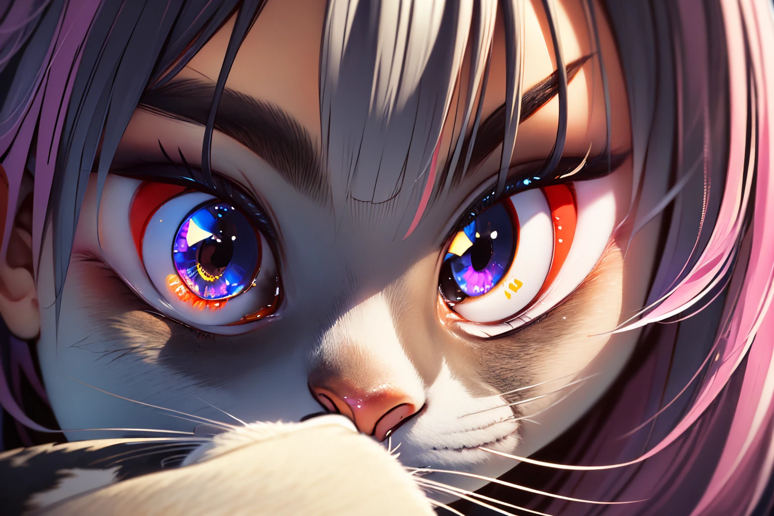 (best quality,4k,8k,highres,masterpiece:1.2),ultra-detailed,realistic:1.37, a girl applying makeup on her cat, a very funny scene, cat amazed and trying to escape, hyper-detailed image, sharp and beautiful, magical and fun, illustrations, vibrant colors, soft lighting, detailed girl's hands and brush strokes