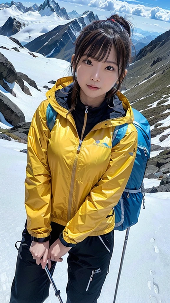 One woman, 21 year old Japanese woman, Shiny brown hair, Medium Hair, Detailed face, Beautiful and detailed, Glowing Skin, Mountaineering wear, ((Fluorescent windbreaker)), ((Long trousers)), ((Trekking poles)), (Mountaineering backpack), (Hiking boots), Laughter, Mountaineering, Superb view from the summit, autumn, anatomically correct, UHD, masterpiece, anatomically correct, best quality