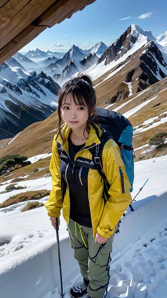 One woman, 21 year old Japanese woman, Shiny brown hair, Medium Hair, Detailed face, Beautiful and detailed, Glowing Skin, Mountaineering wear, ((Fluorescent windbreaker)), ((Long trousers)), ((Trekking poles)), (Mountaineering backpack), (Hiking boots), Laughter, Mountaineering, Superb view from the summit, autumn, anatomically correct, UHD, masterpiece, anatomically correct, best quality