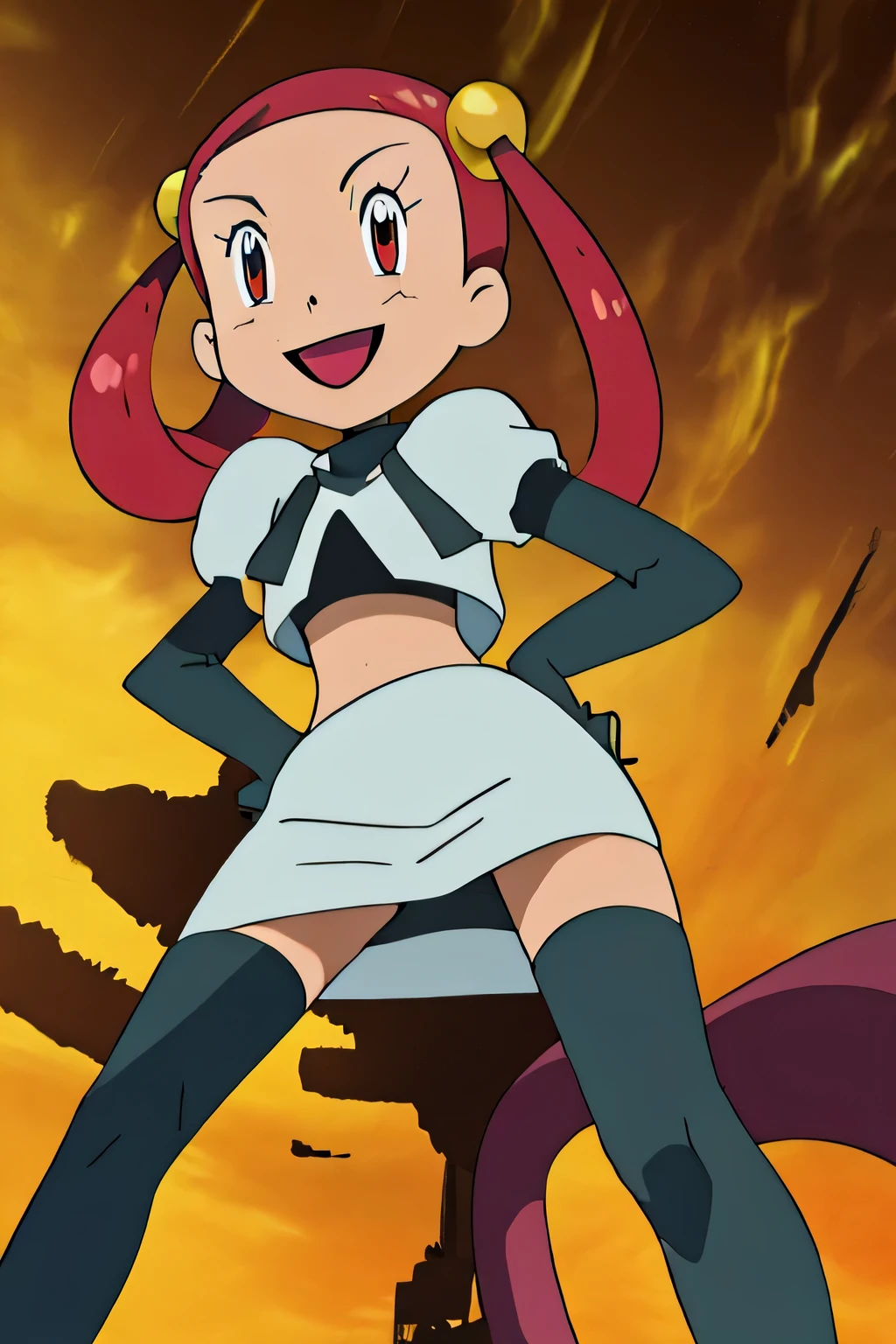 masterpiece,best quality,high res,high quality,8k, masterpiece,highres, team rocket uniform, red letter r, white skirt,white crop top,black thigh-high boots, black elbow gloves, smiling, looking down at viewer, hands on hips, cowboy shot, zettai ryouiki,spread legs,from below, black panties,anime style, vivid colors, sharp focus, intense lighting,Mira_pokemon