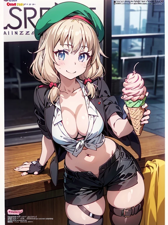 (from below:1.2),(from side:0.9), ((cute Face)), (Close-Up:0.6), ((looking at viewer, holding a icecream)),(Italian sweets magazine cover:1.4), highest quality、(real、photorealistic:1.5),(ultra high resolution, ubel,dark green hair,long hair,side ponytail,hair between eyes,bangs, (beret, black jacket, open clothes, cleavage, midriff, black shorts, black thighhighs, thigh strap, fingerless gloves, single glove:1.2), (double breasted,under bust:1.2), sitting at a table, cute, anime visual of a cute girl, cute anime girl, eating cakes, young anime girl, guweiz, high quality anime artstyle, anime girl, artwork in the style of guweiz, beautiful anime girl, pretty anime girl, (anime girl), official artwork,(with sparkling eyes and a contagious smile),her thin pubic hair, looking at viewer, pose muy sexy"