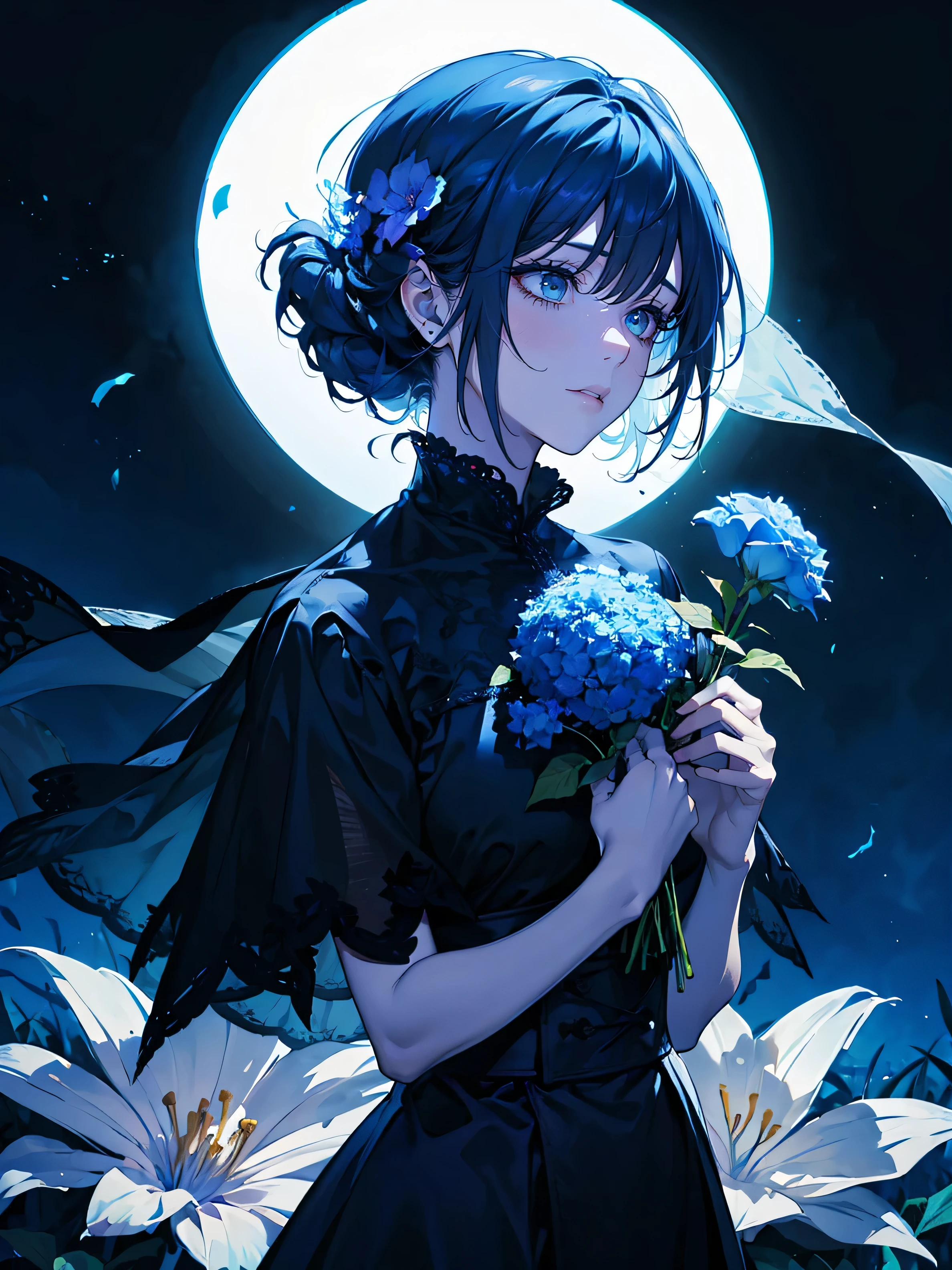 woman with flowers in hand, creepy shot, Surrounded by frozen flowers, Music video stills, Beautiful photography, art house movie aesthetic, Very moody blue lighting, Dreamlike atmosphere and drama, Screenshots of Terrence Malick, Hold the magic color in your hands, Creepy cinematography by David Lynch, Film stills, Holding flowers, Roses in the Light of the Movie. Cool colored hair
