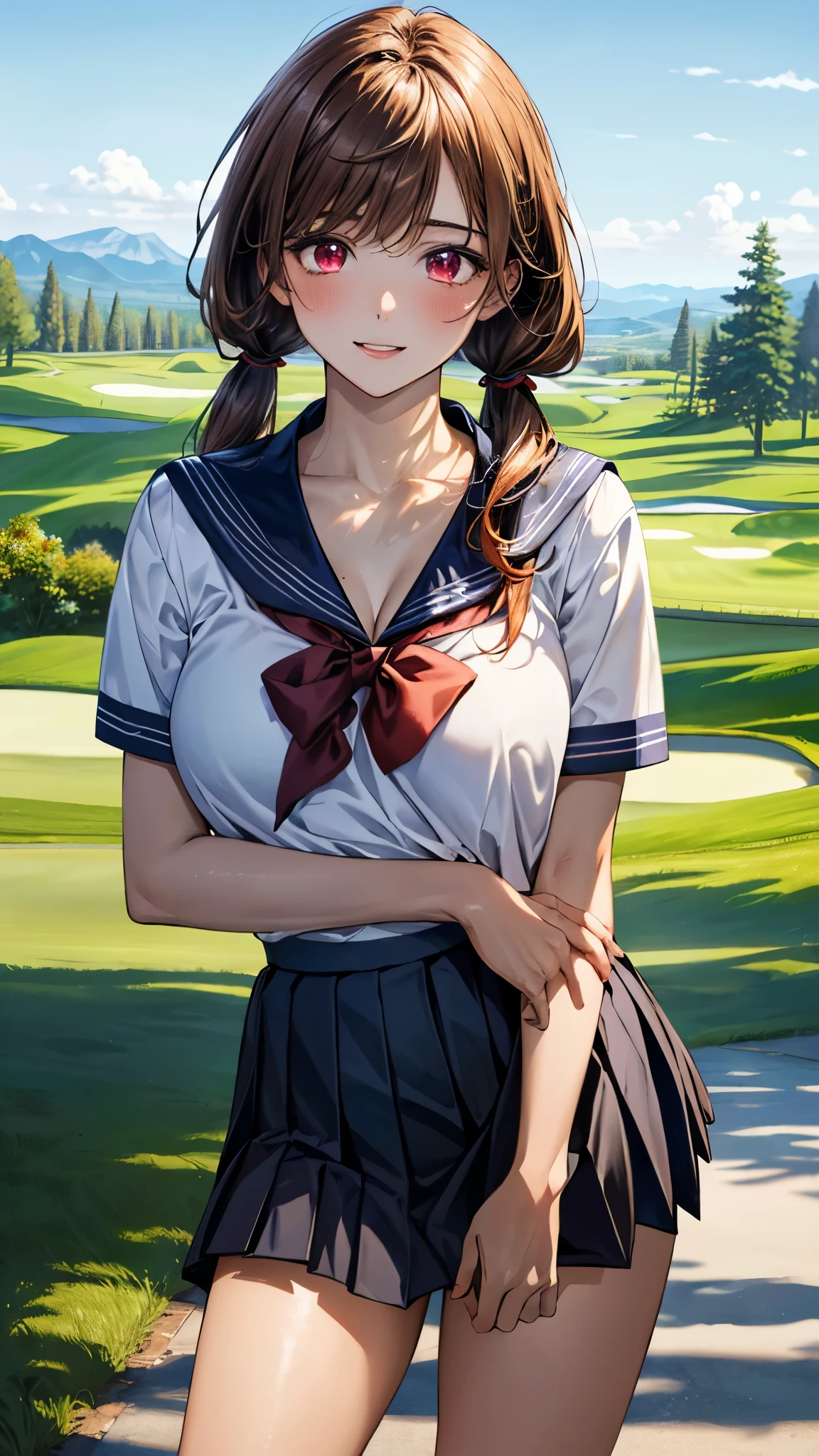 (masterpiece:1.3, top-quality, ultra high res, ultra detailed), (realistic, photorealistic:1.4), beautiful illustration, perfect lighting, natural lighting, colorful, depth of fields, surrealism, nsfw,
beautiful detailed hair, beautiful detailed face, beautiful detailed eyes, beautiful clavicle, beautiful body, beautiful chest, beautiful thigh, beautiful legs, beautiful fingers, shiny skin,
looking at viewer, 1 girl, japanese, gravure model, 21 years old, (perfect anatomy, anatomically correct, super detailed skin), cute and symmetrical face, babyface, perfect face, perfect eyes,
(middle hair, low twintails, amber orange hair), swept bangs, maroon eyes, slant eyes, long eye lasher, (large breasts, seductive thighs), slender, outstanding style,
((detailed cloth texture, short sleeves, sailor uniform, pleated skirt, sailor collar, scarf)),
(beautiful scenery), evening, (golf course), (kneeling, spread legs, skirt lift by myself, female masturbation, spread pussy), (lovely smile, upper eyes, parted lips),