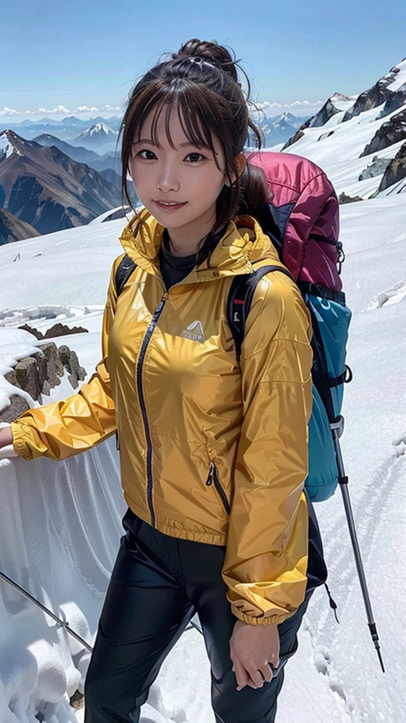 One woman, 21 year old Japanese woman, Shiny brown hair, Medium Hair, Detailed face, Beautiful and detailed, Glowing Skin, Mountaineering wear, ((Fluorescent windbreaker)), ((Long trousers)), ((Trekking poles)), (Mountaineering backpack), (Hiking boots), Mountaineering, Superb view from the summit, autumn, grin, anatomically correct, UHD, masterpiece, anatomically correct, best quality