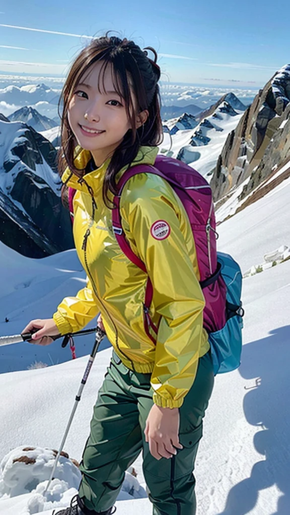 One woman, 21 year old Japanese woman, Shiny brown hair, Medium Hair, Detailed face, Beautiful and detailed, Glowing Skin, Mountaineering wear, ((Fluorescent windbreaker)), ((Long trousers)), ((Trekking poles)), (Mountaineering backpack), (Hiking boots), Mountaineering, Superb view from the summit, autumn, grin, anatomically correct, UHD, masterpiece, anatomically correct, best quality