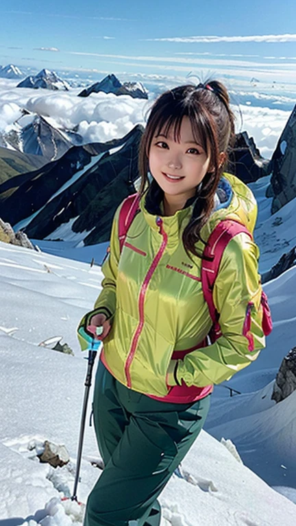 One woman, 21 year old Japanese woman, Shiny brown hair, Medium Hair, Detailed face, Beautiful and detailed, Glowing Skin, Mountaineering wear, ((Fluorescent windbreaker)), ((Long trousers)), ((Trekking poles)), (Mountaineering backpack), (Hiking boots), Mountaineering, Superb view from the summit, autumn, grin, anatomically correct, UHD, masterpiece, anatomically correct, best quality