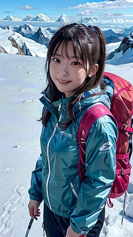 One woman, 21 year old Japanese woman, Shiny brown hair, Medium Hair, Detailed face, Beautiful and detailed, Glowing Skin, Mountaineering wear, ((Fluorescent windbreaker)), ((Long trousers)), ((Trekking poles)), (Mountaineering backpack), (Hiking boots), Mountaineering, Superb view from the summit, autumn, grin, anatomically correct, UHD, masterpiece, anatomically correct, best quality