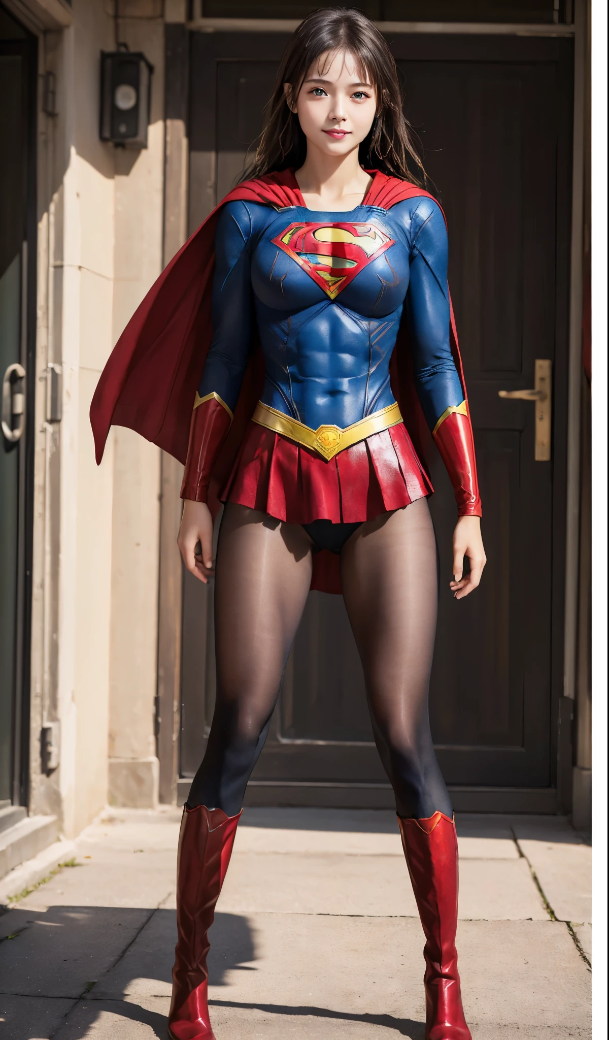 No background、(((Beautiful legs in black tights.)))、(((Legally express the beauty of your smile)))、((((Make the most of your original images)))、(((Supergirl Costume)))、(((Beautiful Hair)))、(((suffering)))、(((Please wear black tights....、Wear red boots)))、((Best image quality、8k))、((highest quality、8k、masterpiece:1.3))、(((Preserve background )))、Sharp focus:1.2、Beautiful woman with perfect figure:1.4、Slim Abs:1.2、Wet body:1.5、Highly detailed face and skin texture、8k