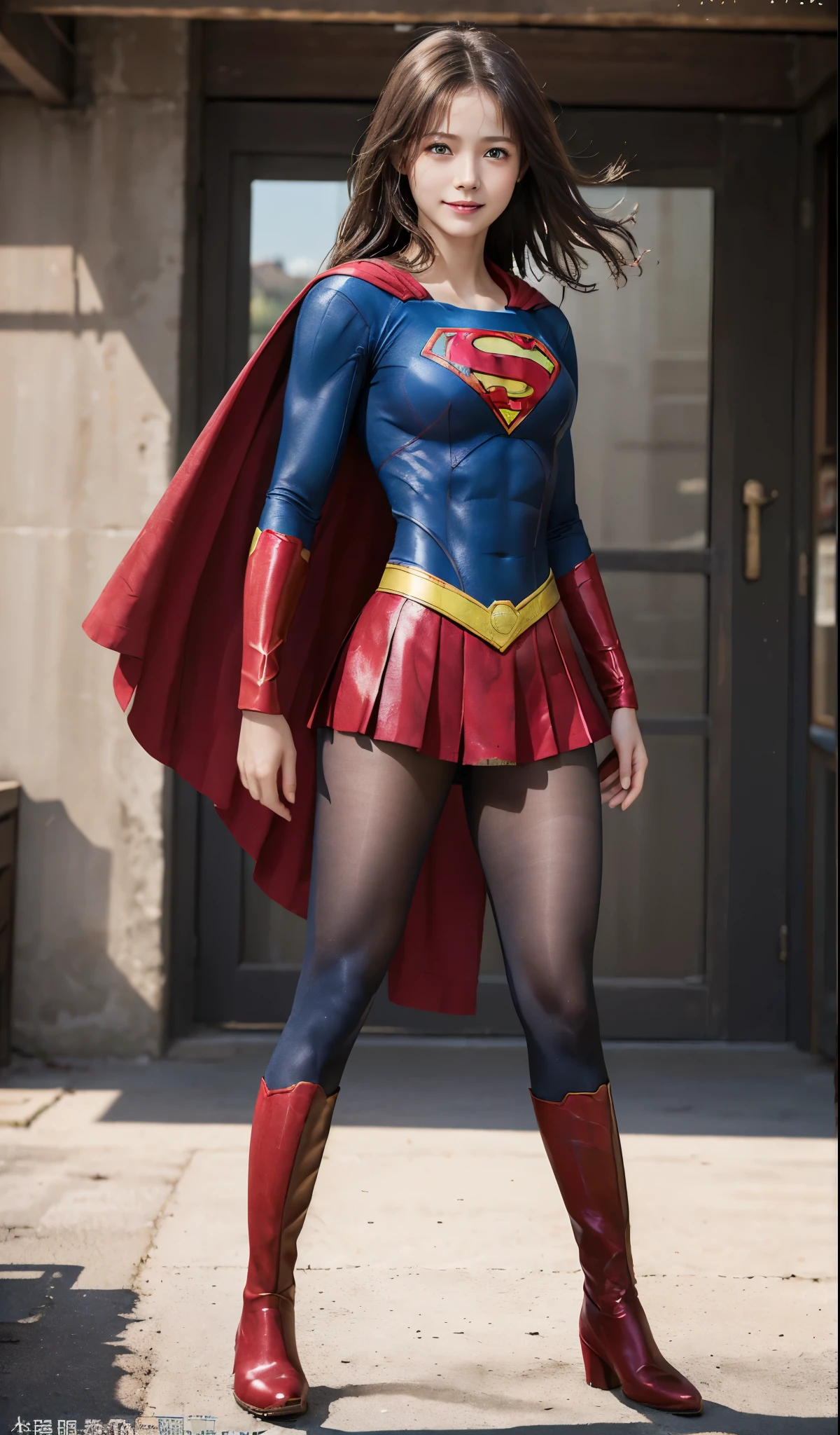 No background、(((Beautiful legs in black tights.)))、(((Legally express the beauty of your smile)))、((((Make the most of your original images)))、(((Supergirl Costume)))、(((Beautiful Hair)))、(((suffering)))、(((Please wear black tights....、Wear red boots)))、((Best image quality、8k))、((highest quality、8k、masterpiece:1.3))、(((Preserve background )))、Sharp focus:1.2、Beautiful woman with perfect figure:1.4、Slim Abs:1.2、Wet body:1.5、Highly detailed face and skin texture、8k