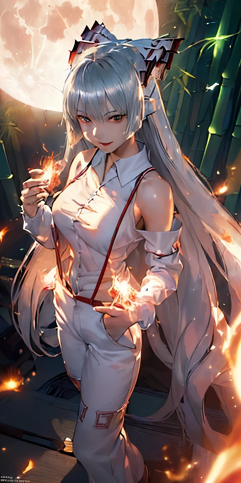 (masterpiece, best quality:1.3), (ultra detailed:1.3), (final fantasy artwork concept:1.5), (manga eyes + hair + clothes + body + face + colors + shoulders + eyes:1.3), (from above:1.3), Fujiwara no Mokou, Touhou Series, (anime, illustration:1.3), perfect face, expressive eyes, 1 girl, looking at viewer, 16 years old, beautiful, anime, lora, (silver hair, long hair, white shirt, red pants:1.3), (look evil:1.5), (cinematic lighting, realistic, dream-like, enchanting atmosphere:1.5), (an old japanese mansion with moonlight leaking, in bamboo forest, midnight, big full moon:1.3), (Mokou casting a spell, with hands glowing and ais-particlez emanating in a dazzling array of colors, enveloping the entire scene:1.3),