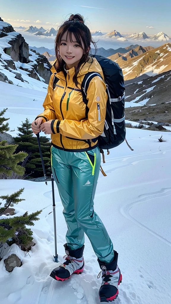 One woman, 21 year old Japanese woman, Shiny brown hair, Medium Hair, Detailed face, Beautiful and detailed, Glowing Skin, Mountaineering wear, ((Fluorescent windbreaker)), ((Long trousers)), ((Trekking poles)), (Mountaineering backpack), (Hiking boots), Mountaineering, Superb view from the summit, autumn, grin, anatomically correct, UHD, masterpiece, anatomically correct, best quality