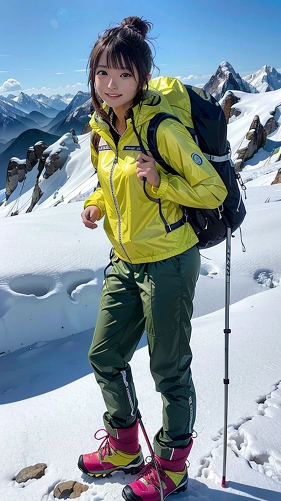 One woman, 21 year old Japanese woman, Shiny brown hair, Medium Hair, Detailed face, Beautiful and detailed, Glowing Skin, Mountaineering wear, ((Fluorescent windbreaker)), ((Long trousers)), ((Trekking poles)), (Mountaineering backpack), (Hiking boots), Mountaineering, Superb view from the summit, autumn, grin, anatomically correct, UHD, masterpiece, anatomically correct, best quality