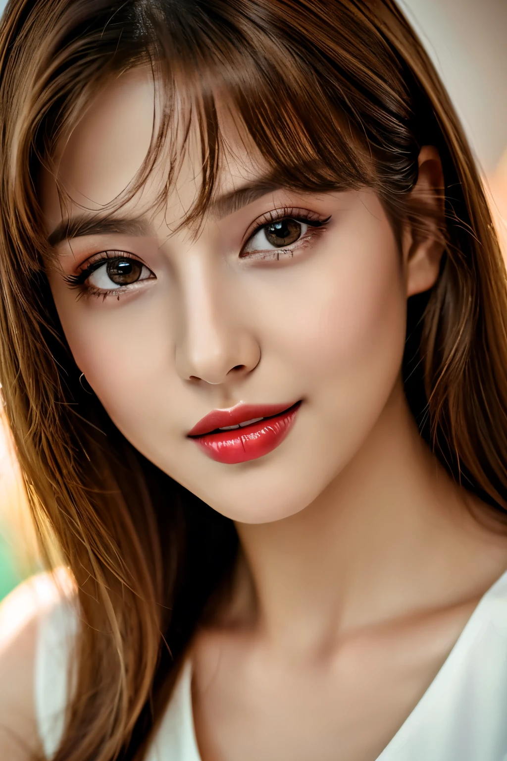 (highest quality、table top、8k、best image quality、Award-winning work)、(one young girl, 14 years old:1.3)、no sleeve, (red eyeshadow:1.2)、perfect makeup、long eyelashes、Super high-definition sparkling eyes、ultra high definition hair、ultra high resolution glossy lips、Super high resolution perfect teeth、Super high resolution cute face、brown hair、(very short straight hair:1.1)、look at me and smile、[clavicle]、accurate anatomy、(close up of face:1.5)、Luxury love hotel、(The most moody warm lighting:1.2)、blurred background、With bangs、Super high-resolution glossy and moisturized face、Super high resolutio n glowing skin、most detailed face、Ultra high resolution detailed faces、ultra high resolution hair、Fashion model 25 years old [[[[close-up]]], [[[[chest]]]], [[[[neck]]], [shoulders]]]]], Perfect eyes, Perfect iris, Perfect lips, Perfect teeth, Perfect skin, Soft front light, Glow, HDR, (Soft color: 1.2), Best quality, masterpiece, ultra high res, (photorealistic:1.37), raw photo, 1girl, long hair, beautifull eyes, beautifull face, detailed eyes and face, t-shirt, dynamic lighting, in the dark, table top, highest quality, realistic, Super detailed, finely, High resolution, 8k wallpaper, 1 beautiful woman, light brown messy hair, He is wearing an open-necked shirt., sharp focus, perfect dynamic composition, beautiful and detailed eyes, thin hair, Detailed realistic skin texture, smile, close-up portrait, model body shape, mile, close-up portrait, model body shape, body shape,cleavage, tropical beach, thin and long legs Translated with DeepL.com (free version)Top Quality, Masterpiece, (Realistic:1.2), 1 girl, detailed face, beautiful eyes, (Masterpiece:1.2, Top Quality), (fine beautiful eyes: 1. 2), (highly detailed Cg Unity 8K wallpaper, Masterpiece, Top Quality, super detailed, best shaSuper high resolution sparkling eyes、Beautiful face drawn in every detail、Super high resolution glossy red lips、big breasts、cleavage、Fashionable necklaces、camisole, ((masterpiece)), (ultra detailed