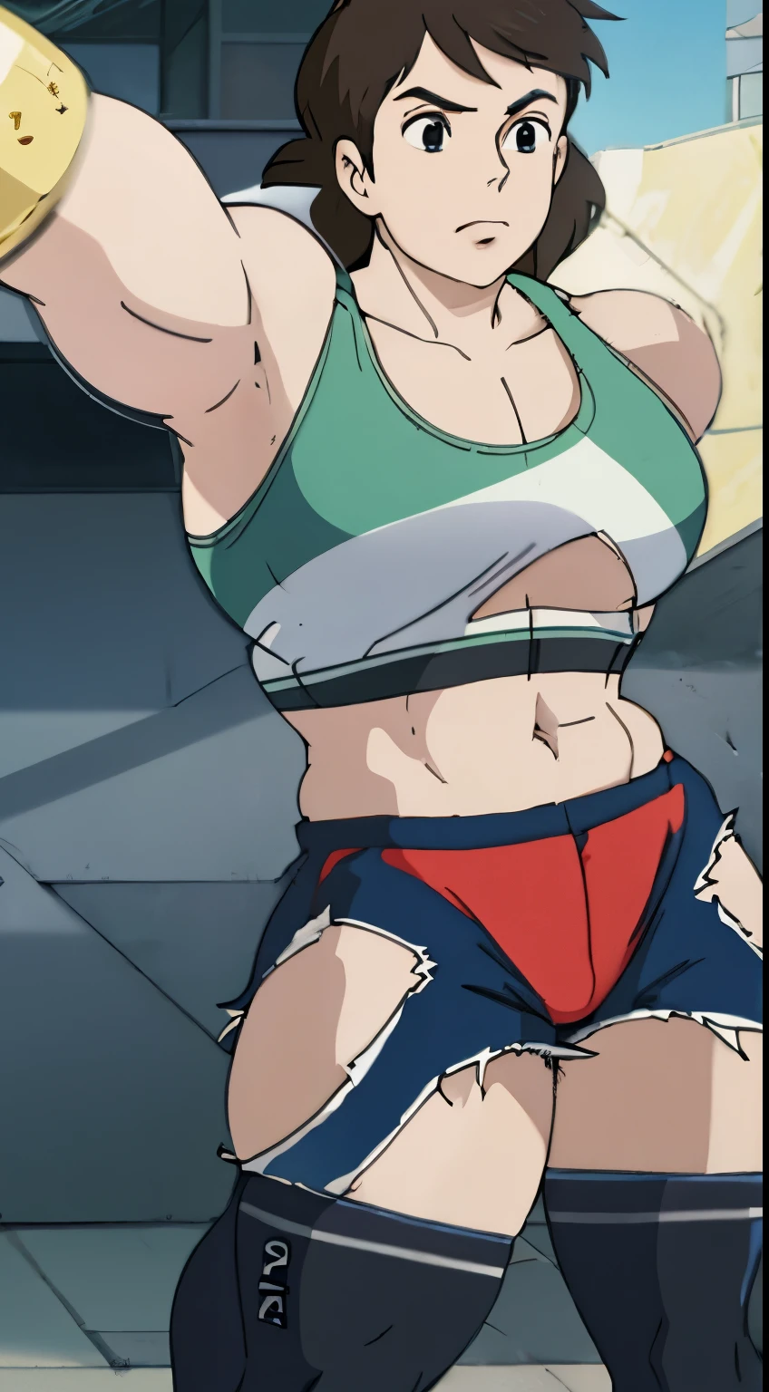 a close up of a woman in a sports bra top holding a banana, asuka suit under clothes!, sport bra and shorts, cammy, gainax anime style, bra and shorts streetwear, cel shaded anime, [ rigidly defined abs ]!!, her belly button is exposed, full body zenkai! asuka suit